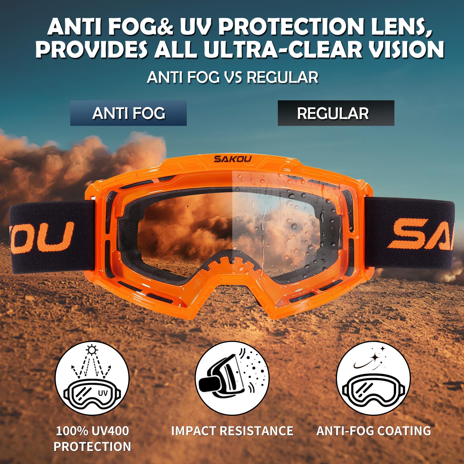 SAKOU Occhiali Moto Motocross Bambino – Antiappannamento, Antiurto e con Protezione 100% UV400 per Ragazzi e Ragazze dai 3 ai 12 Anni, Ideali per Fuoristrada, ATV e Dirtbike