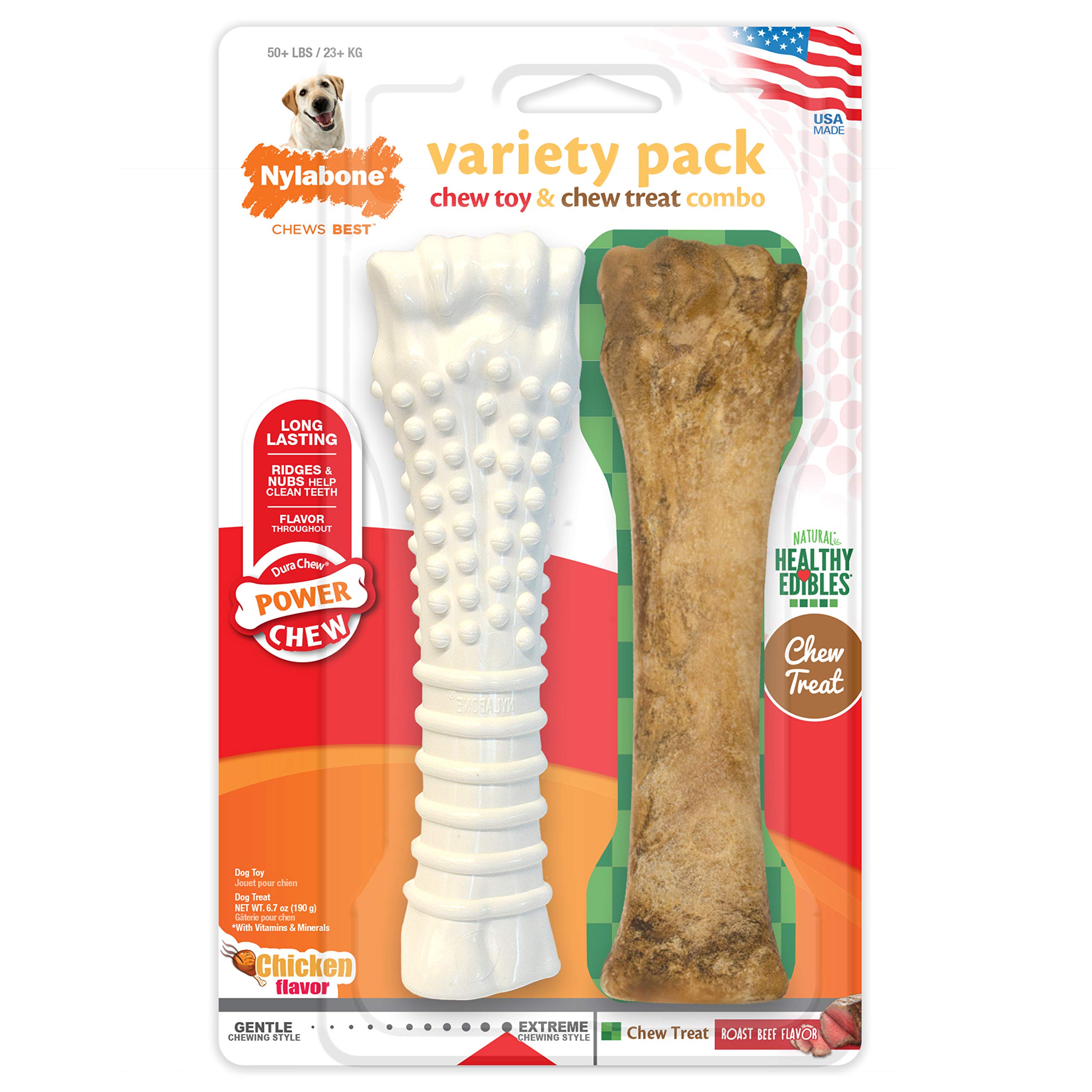 Nylabone Power Chew Extreme Chewing Variety Pack Healthy Edibles Dog Chew Treat and Power Chew Textured Chew Toy Roast Beef & Chicken Souper