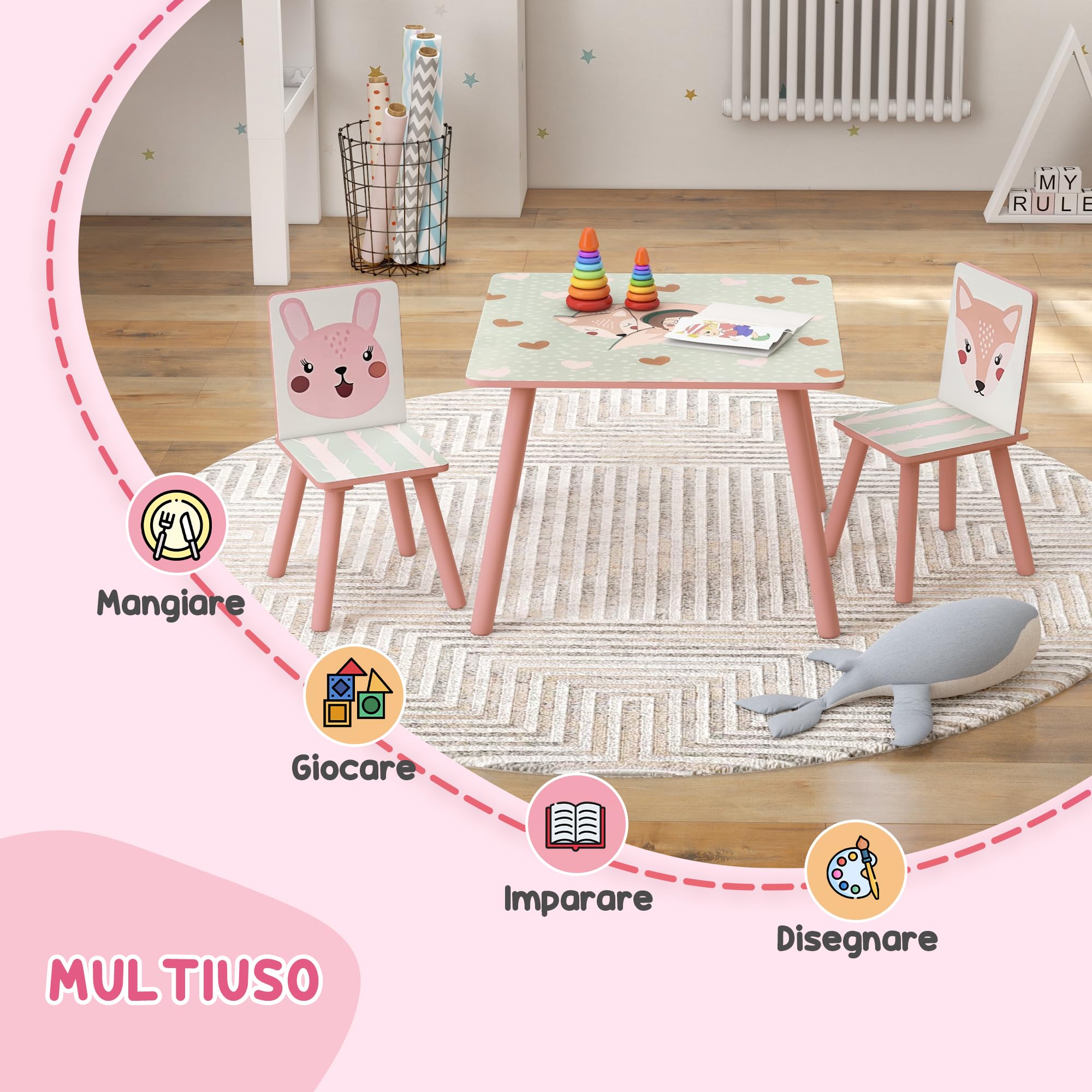ZONEKIZ Set 3 Pezzi con Tavolo e 2 Sedie per Bambini da 3-8 Anni in MDF e Legno di Pino, Tavolino per Bambini e Seggiole con Disegni di Animali, Rosa