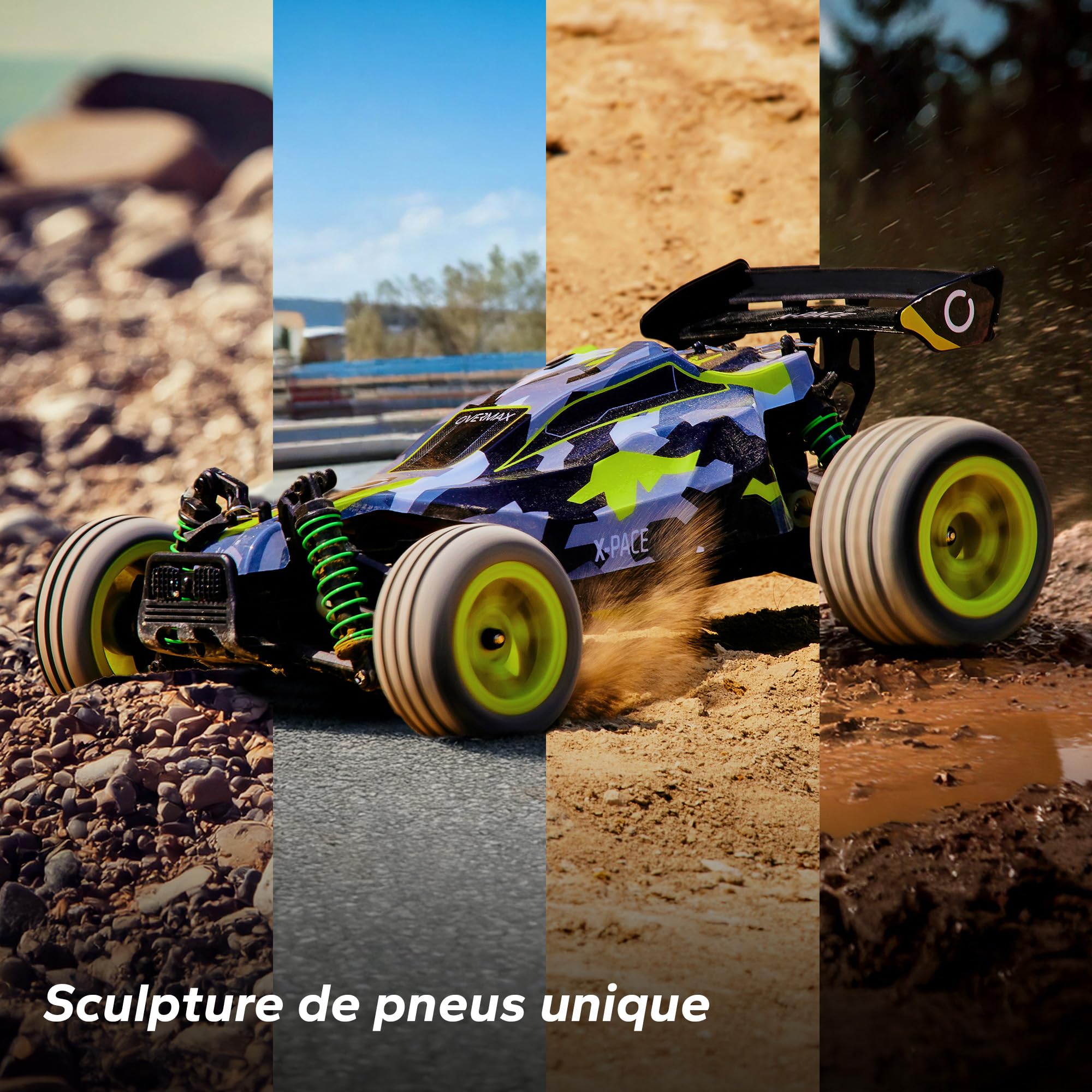 Overmax X-Pace Voiture télécommandée RC Car Vitesse de 45 kmh 4x4 motrices portée de 100 mètres Suspension à Ressort indépendante éclairage LED Grande Taille, Noir-Jaune
