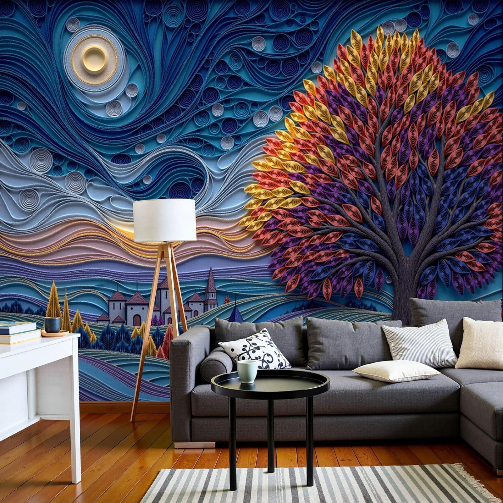 3D Effect Photo Wallpaper Abstract Hills Non-woven Poster Village Curling Fog Photo XXL Non-woven Wallpaper Blue Wall Living Room Bedroom Picture Wallpaper, 250cm x 175cm Stickers - Frameless Painting