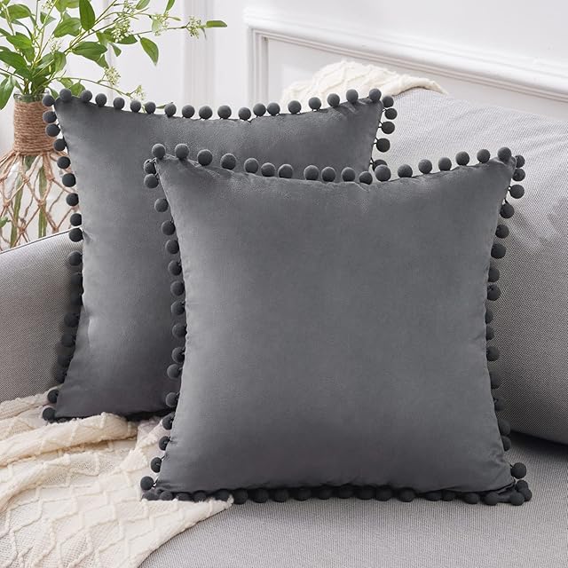 Topfinel Dark Grey Velvet Cushion Covers 18x18 Inch Soft Square Decorative Throw Pillowcases for Livingroom Sofa Bedroom 45cmx45cm,Pack of 2