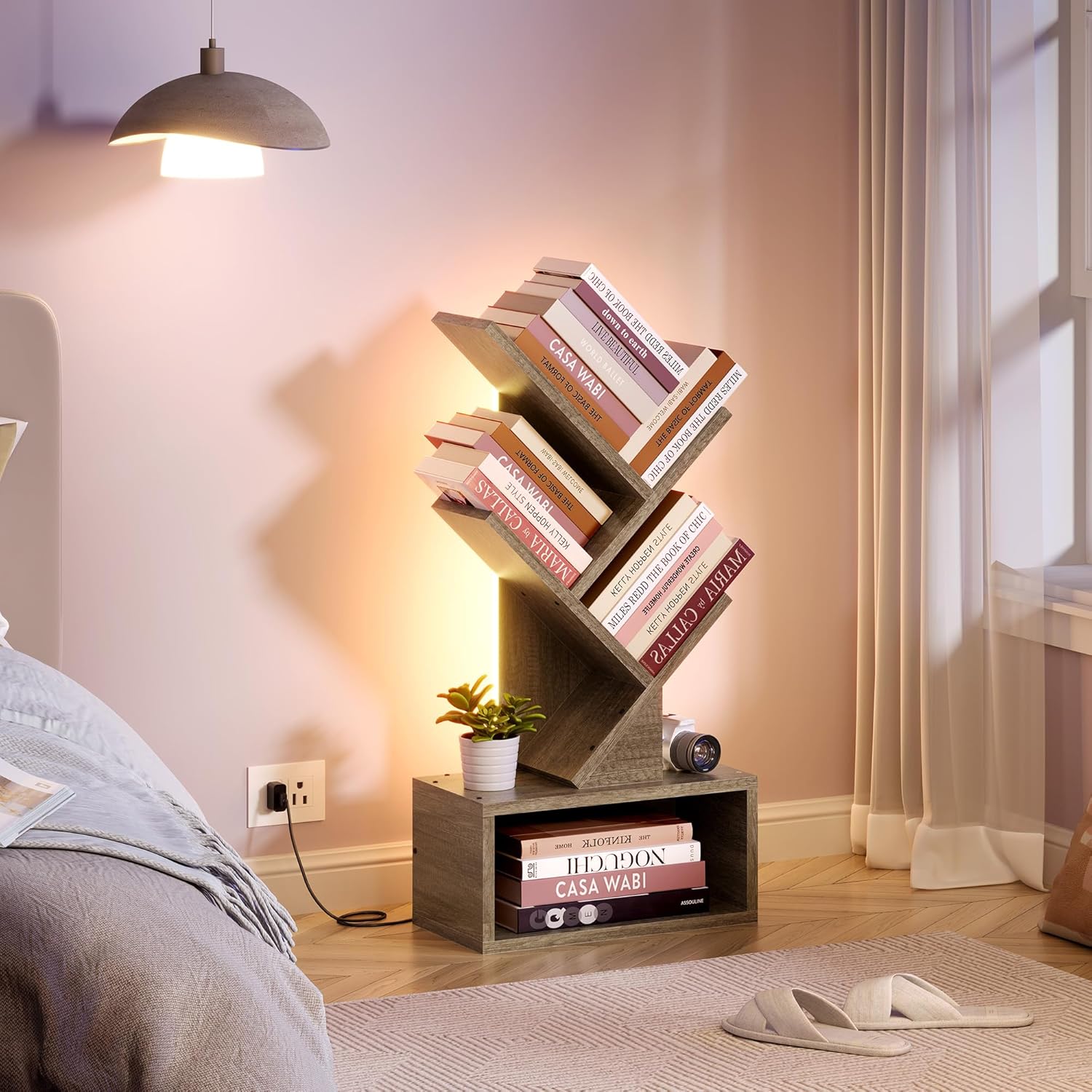 Hoctieon 3 Tier Tree Bookshelf with LED Lights, Small Bookcase with Drawer, Desktop Organizer Book Shelf, Display Floor Standing Storage Shelf, for Living Room, Bedroom, Office, Greige