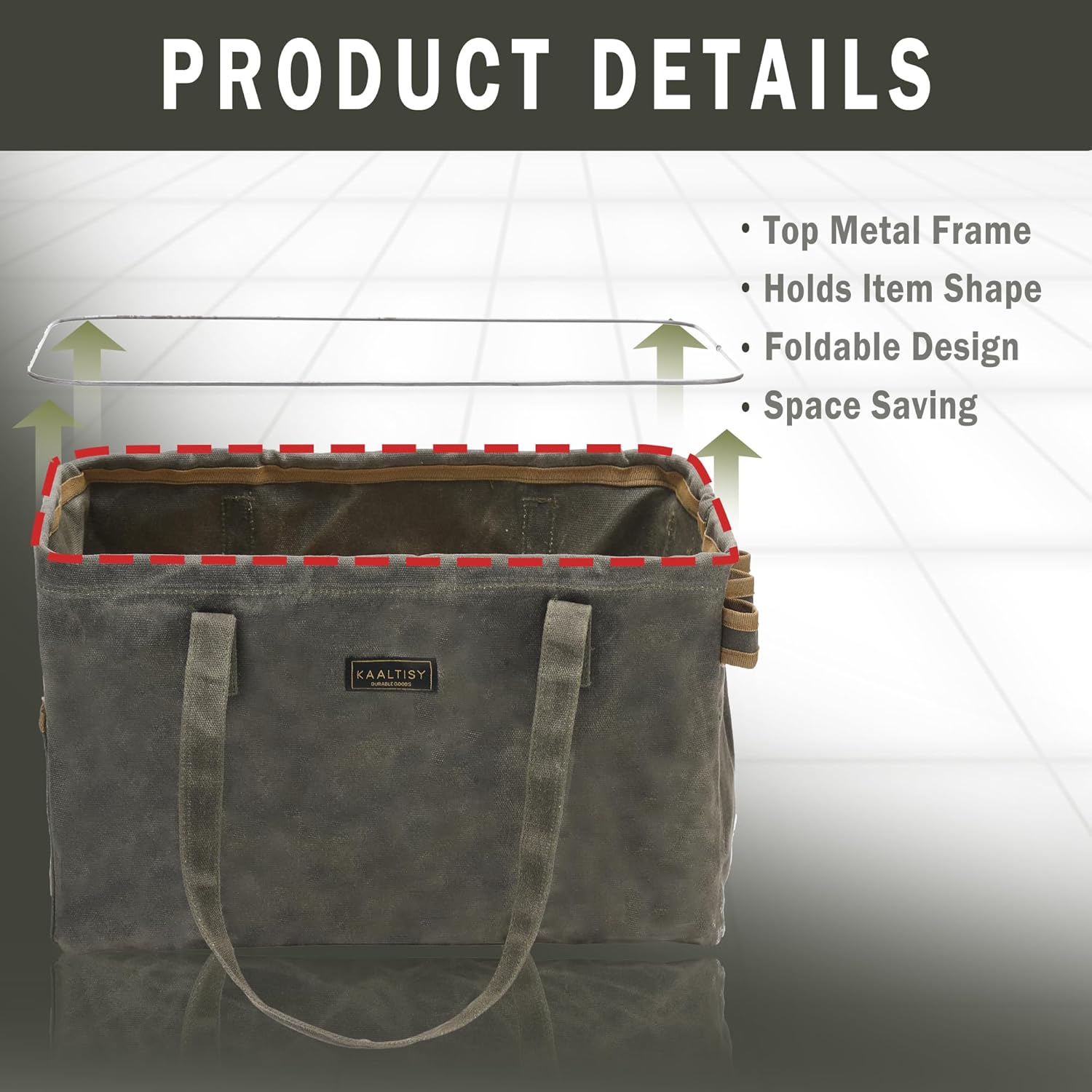 Kaaltisy Canvas Tool Tote Bag | 16OZ Waxed Canvas Tool Carrying Bag - with 8 Pockets & Metal Support Rods, Rectangular Foldable Canvas Tote Tool Bag for Chisels Wrench Hammer Level | Army Green - Image 4