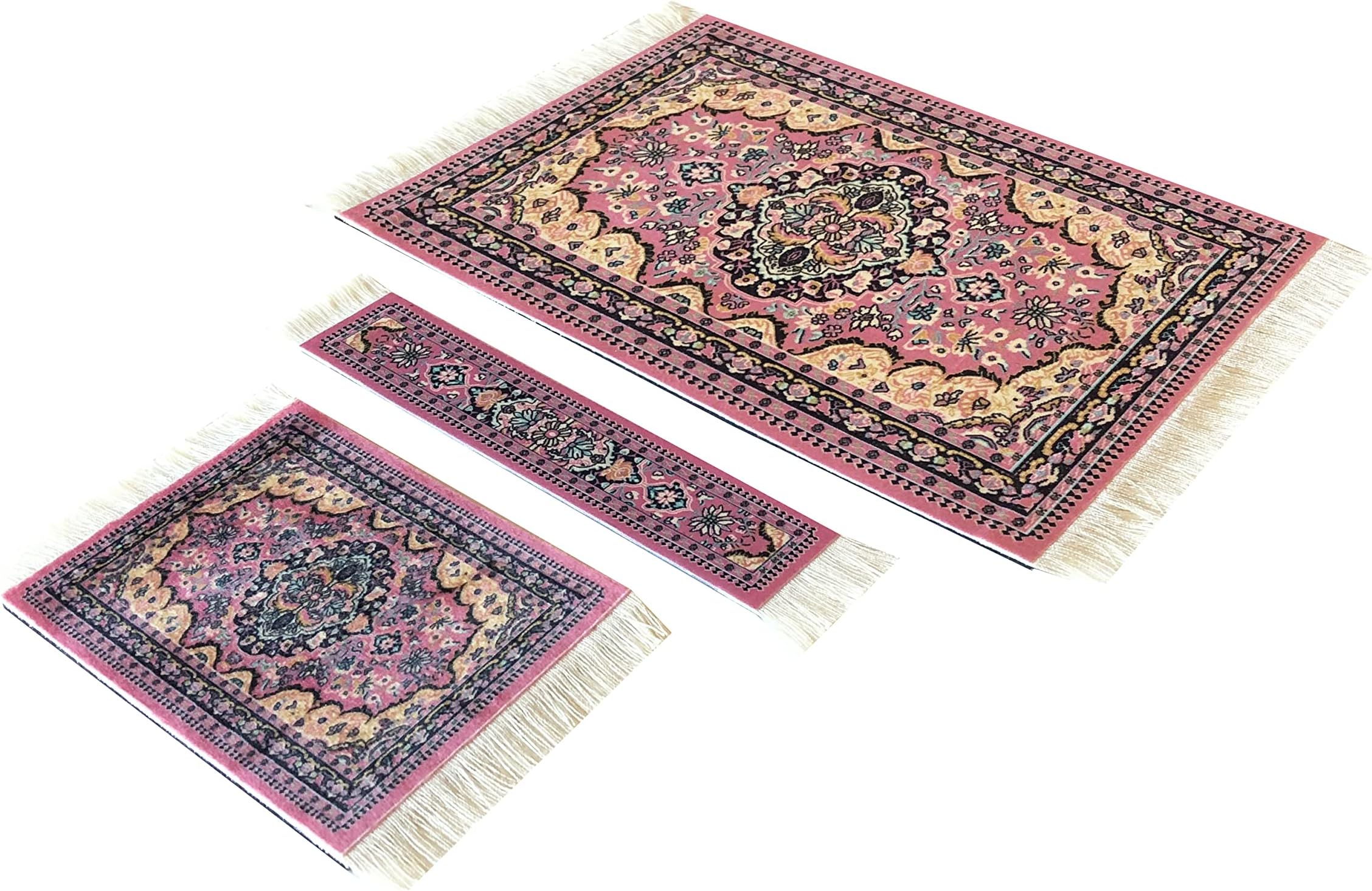 3-Piece Carpet-Style Desk Set – Pink Mouse Pad, Mini Rug Coaster & Bookmark, Colorful Elegant Office Accessories, Novelty Gift