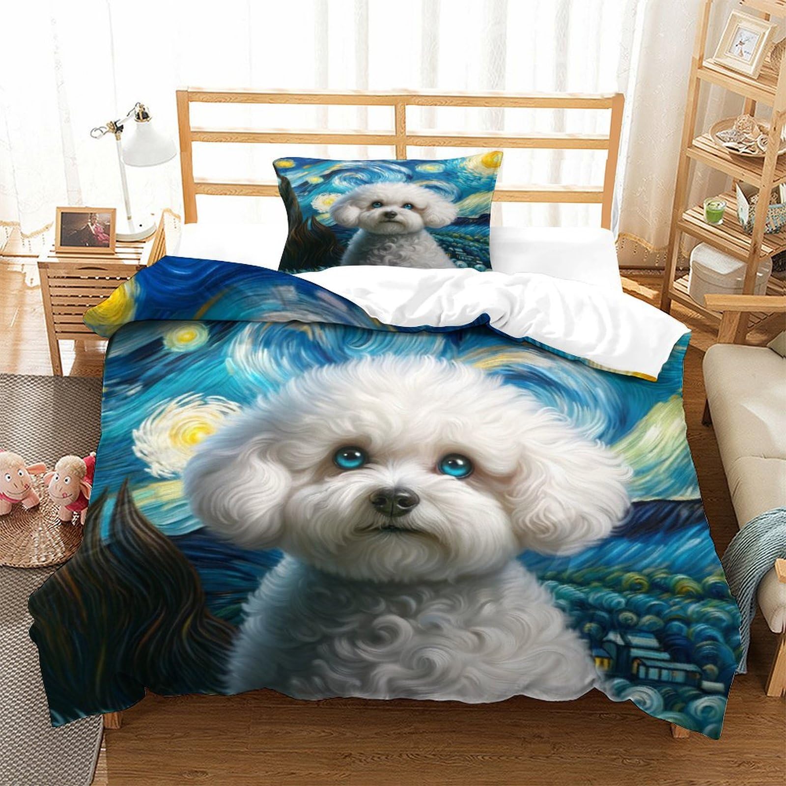 P1S9U7W5Y Adorable Dog 3D Printed Starry Night Style Duvet Cover Set 3 Pieces Microfiber Bedroom Decor Pet Theme Bedding Set for Adults Teens Soft Breathable All Season Single（135x200cm）