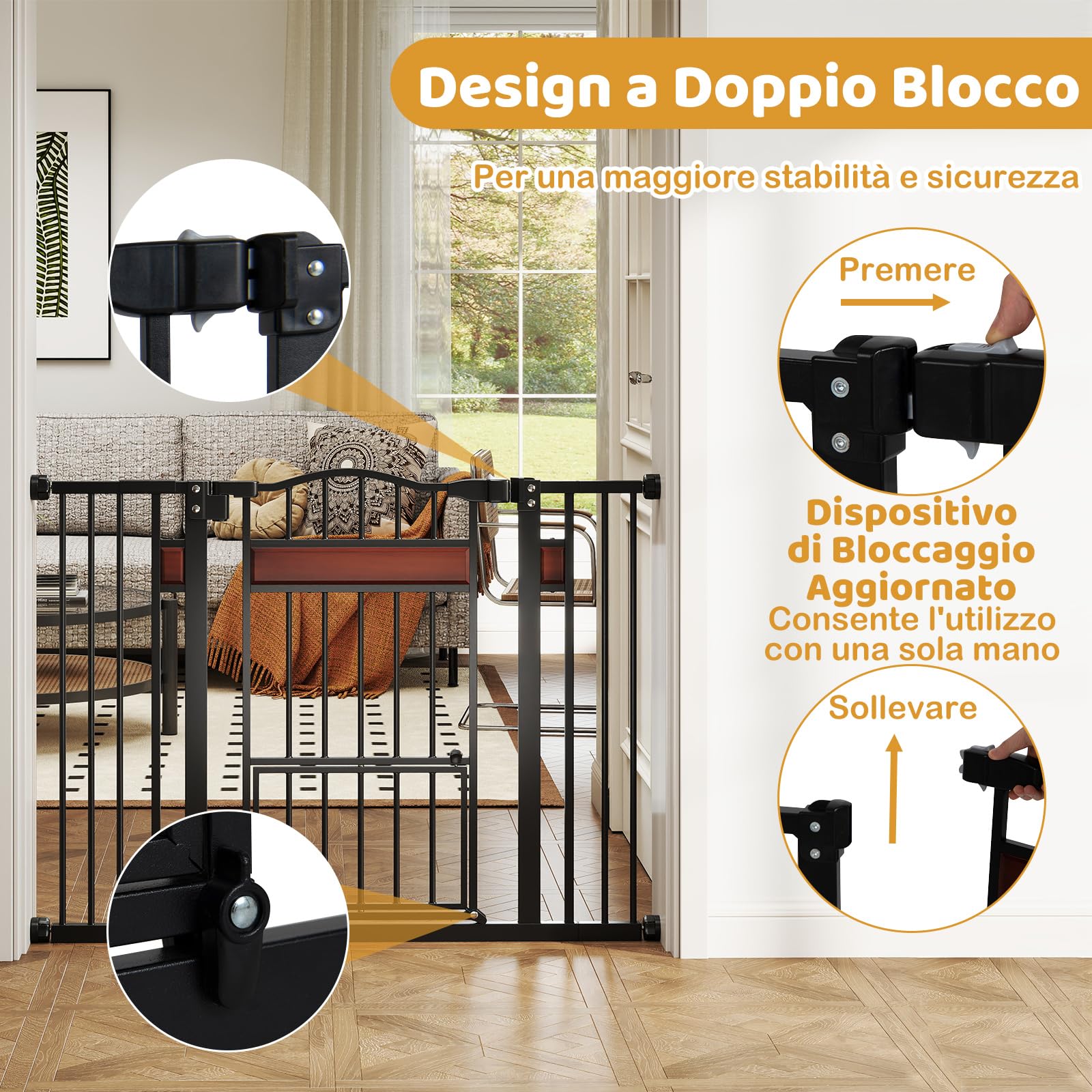 COSTWAY Cancelletto per Cani per Aperture 74-104 cm, Cancello per Cani con Porta Piccola, 2 Estensioni e Doppio Blocco, Cancelletto in Metallo da Interno per Cucina, Scale e Soggiorno (Nero)