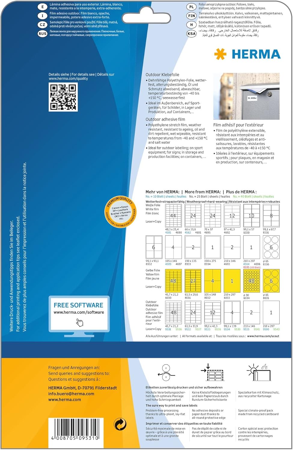 Herma Self Adhesive Film Labels, 48 Labels per A4 Sheet, 10 Sheets, 45.7 x 21.2 mm, 480 Labels, Blank Weatherproof Labels Stickers, Sticky Labels for Laser & Inkjet Printer, White