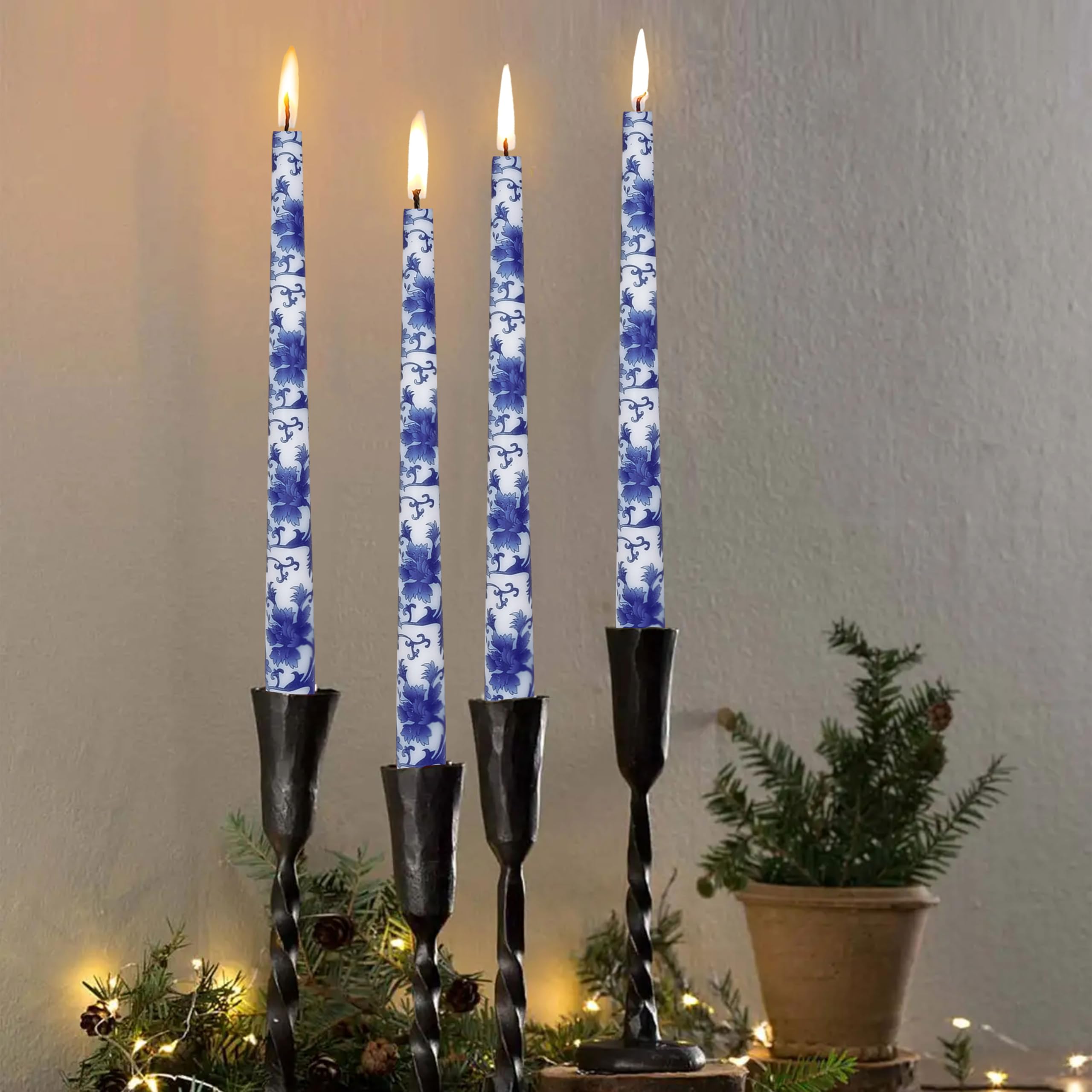 Blue and White Porcelain Taper Candlesticks 10 in Print Taper Candles Unscented Smokeless Handmade Printing Candle Tall Tapered Candle Sticks for Home Dinner Wedding Decor Simple Modern, 4 Pack