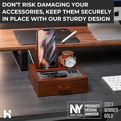 Miniatura 4 de Organizador de mesita de noche para hombres, regalo único para el día de San Valentín, estación de acoplamiento de madera para cargar tu teléfono y
