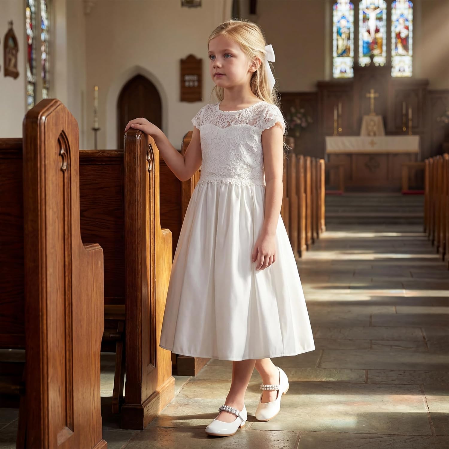 Stelle Girls Dress Shoes White Flower Girl Shoe Mary Jane Low Heels for Wedding (Toddler/Little/Big Kid) - Image 3