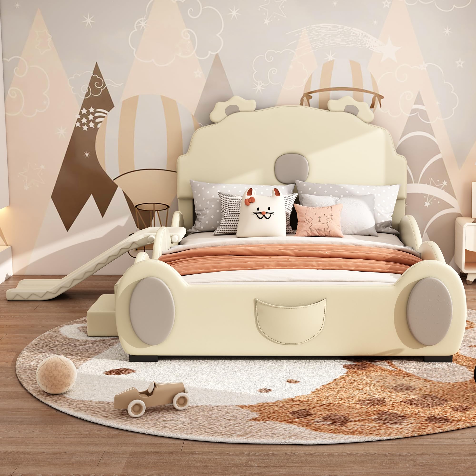 Cama Infantil de 140 x 200 cm, con diseño de Dibujos Animados, Cama Individual, Equipada con tobogán y Escalera, Material de Poliuretano, fácil de Limpiar, Bonita Forma, Color Beige