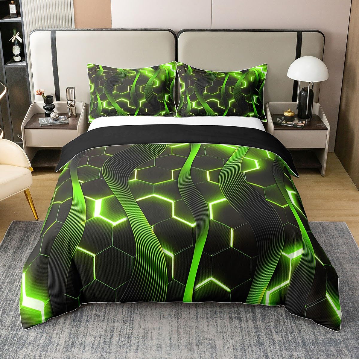 Juego de ropa de cama abstracta geométrica, funda nórdica de rayas geométricas de panal verde, funda nórdica geométrica con luces neón, juego de cama de 240 x 260 en 100% algodón