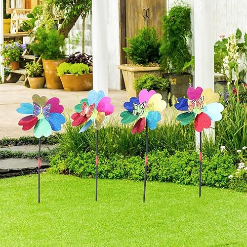 Miniatura 2 de DOITOOL Molinillos de viento de girasol con estacas de metal para decoración de patio, molino de viento de mariposa de lentejuelas