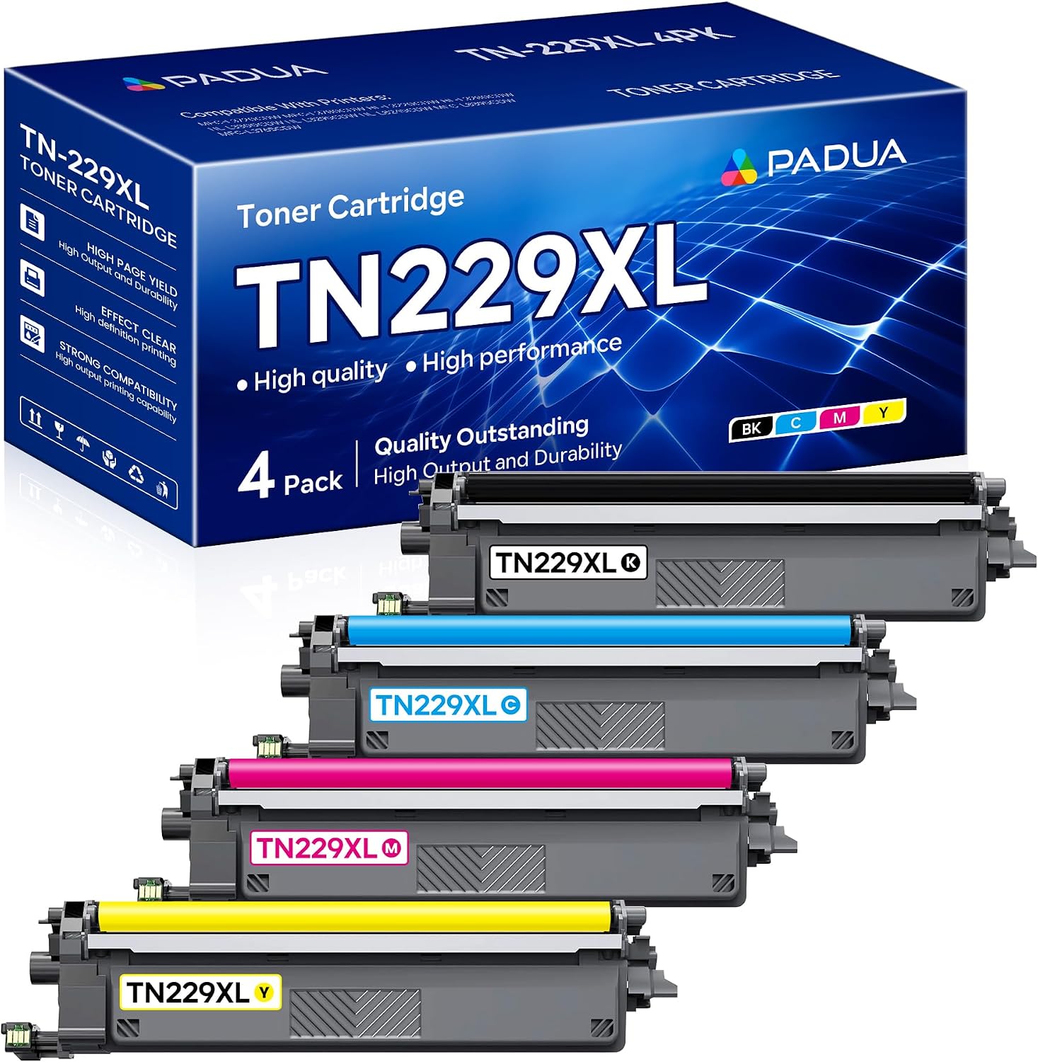 Padua TN229XL Toner Cartridge Compatible TN-229XL BK/C/M/Y High Yield Toner Cartridge Replacement for Brother TN229XL MFC-L3720CDW MFC-L3780CDW HL-L3280CDW HL-L3220CDW Printer(4-Pack)