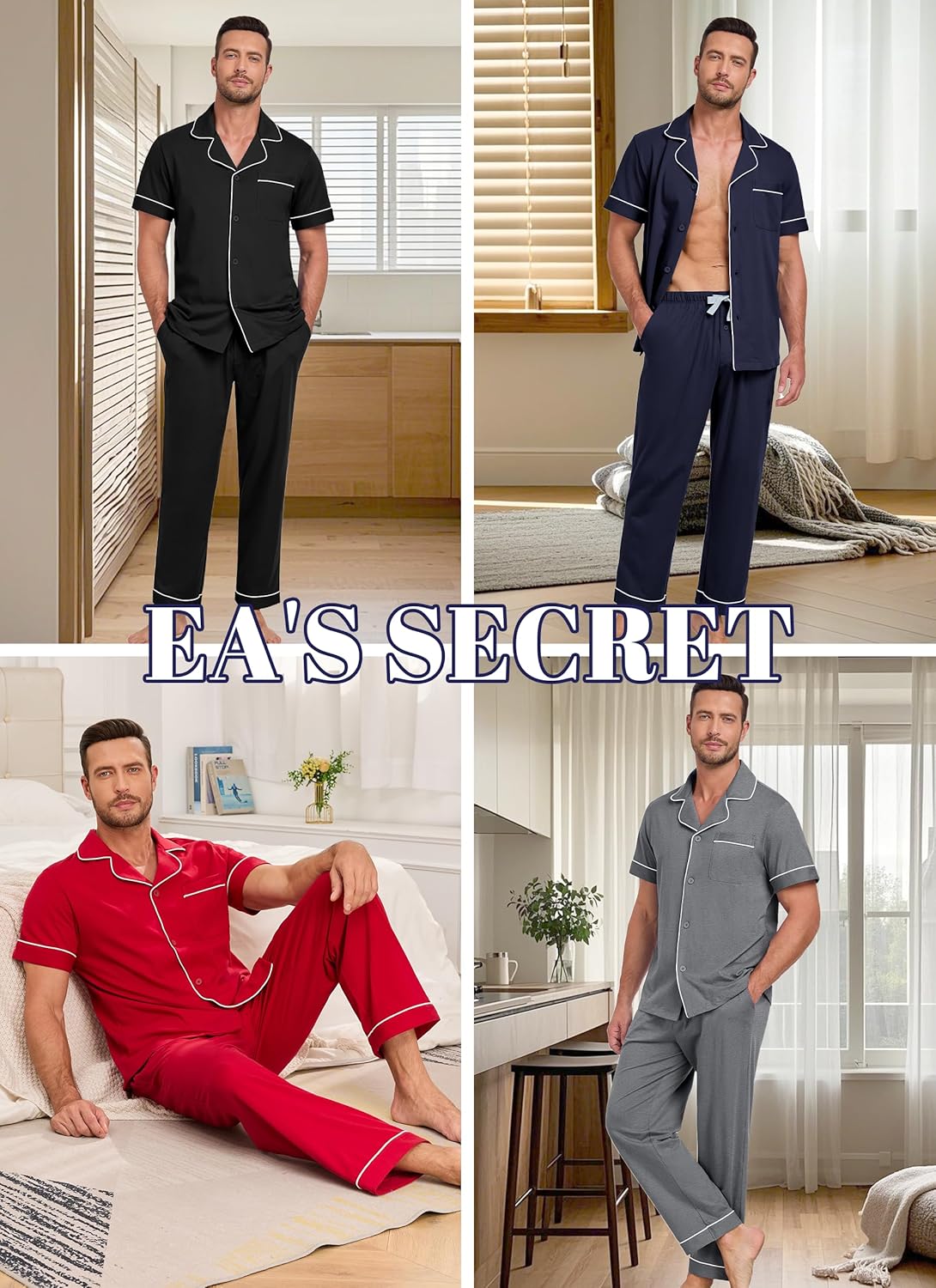 EA'S SECRET Mens Pajamas Set 100% Cotton Soft Button Pajamas for Men Short Sleeve Sleepwear 2 Piece Lounge Pjs Sets - Image 5