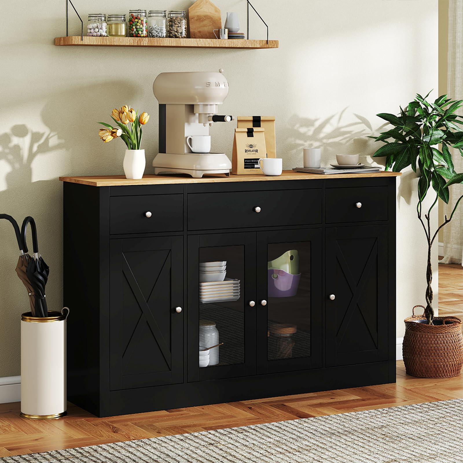 KOMFOTTEU Szafka bufetowa z 3 szufladami, komoda z 3 szafkami z drzwiami, szafka kuchenna z regulowanymi półkami, bufet 140 x 40 x 90 cm (czarna)