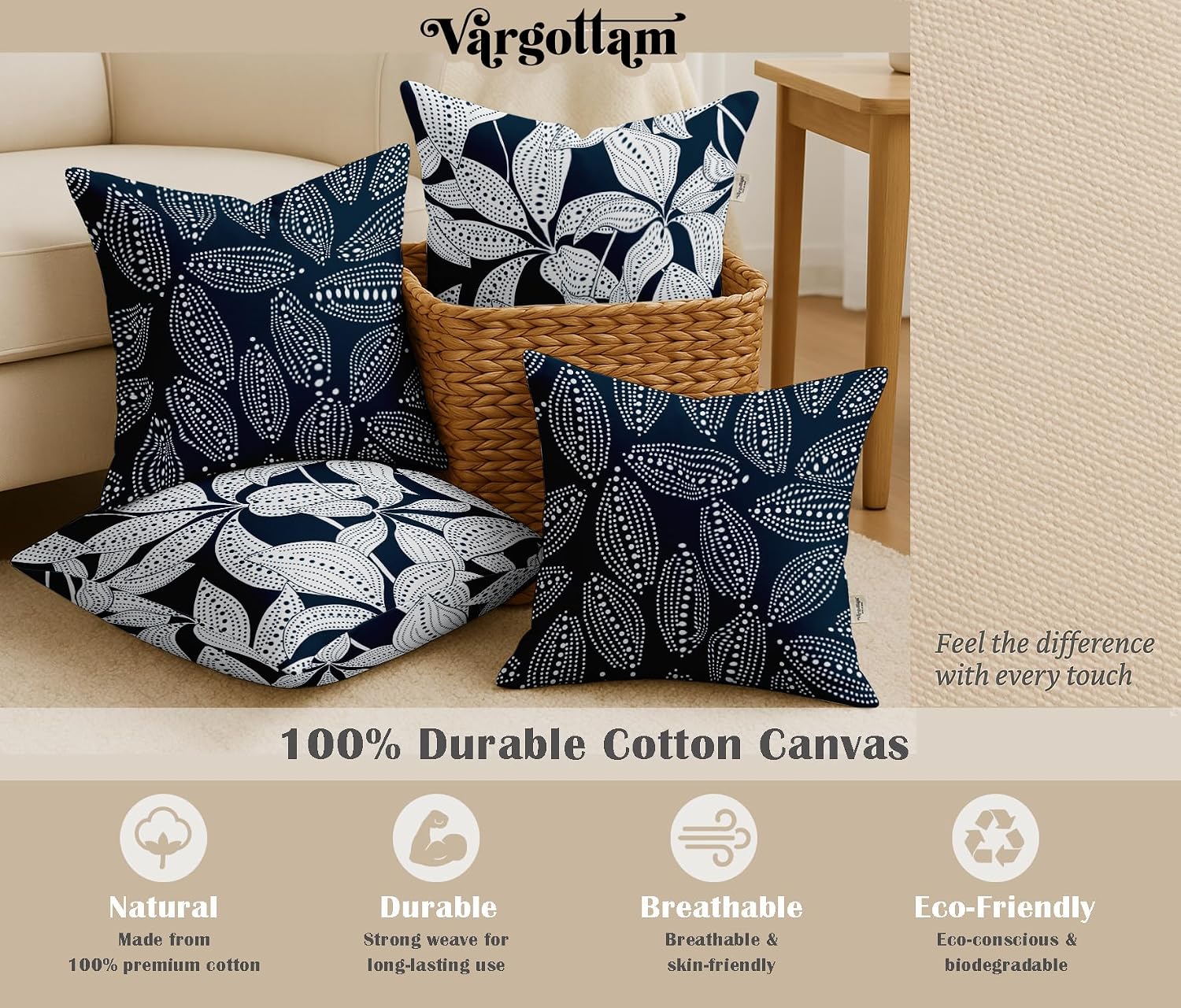 16x16 Inch Cushion Covers Set of 4 - Premium Cotton, Leaves Print, Reversible Printed Pillow Covers with Concealed Zipper - Blue