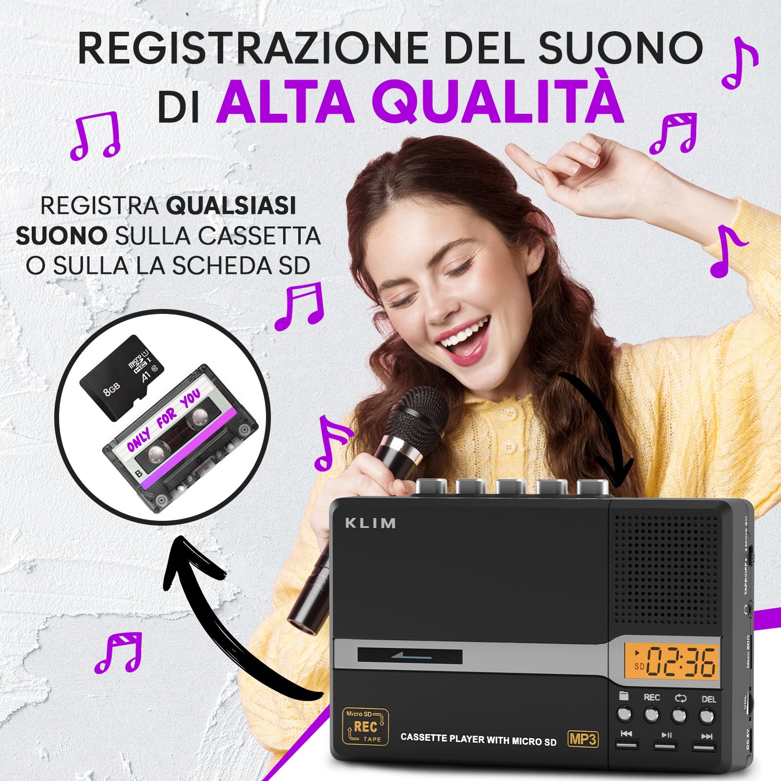 KLIM K10 Lettore Cassette Audio Portatile Registratore MP3 Convertitore Nero