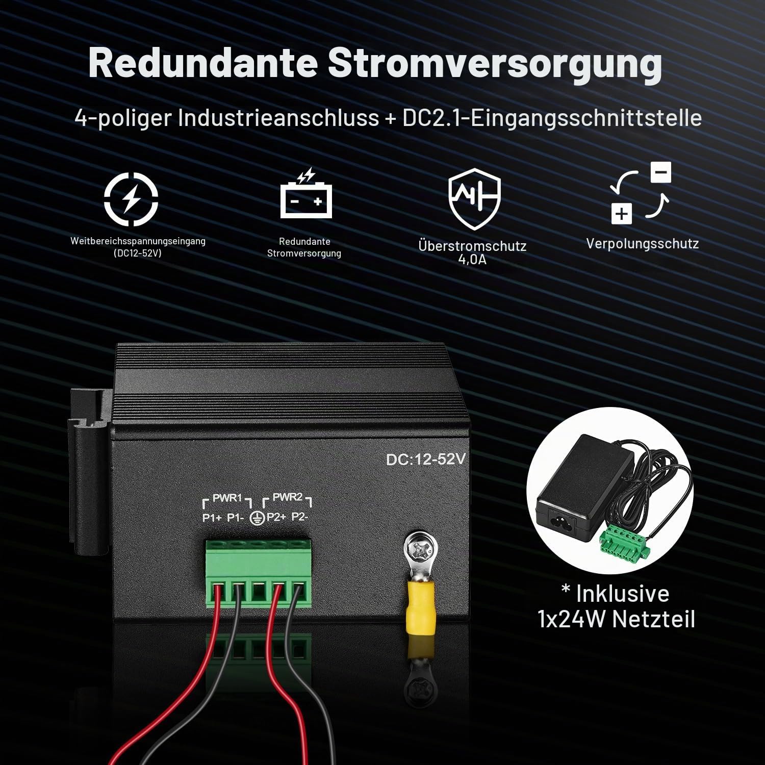 MokerLink 10 Port Gigabit Industrial DIN-Rail Ethernet Switch, Unmanaged IP40 Netzwerk-Switch (-40 bis 185°F), Mini-Format, mit Netzteil