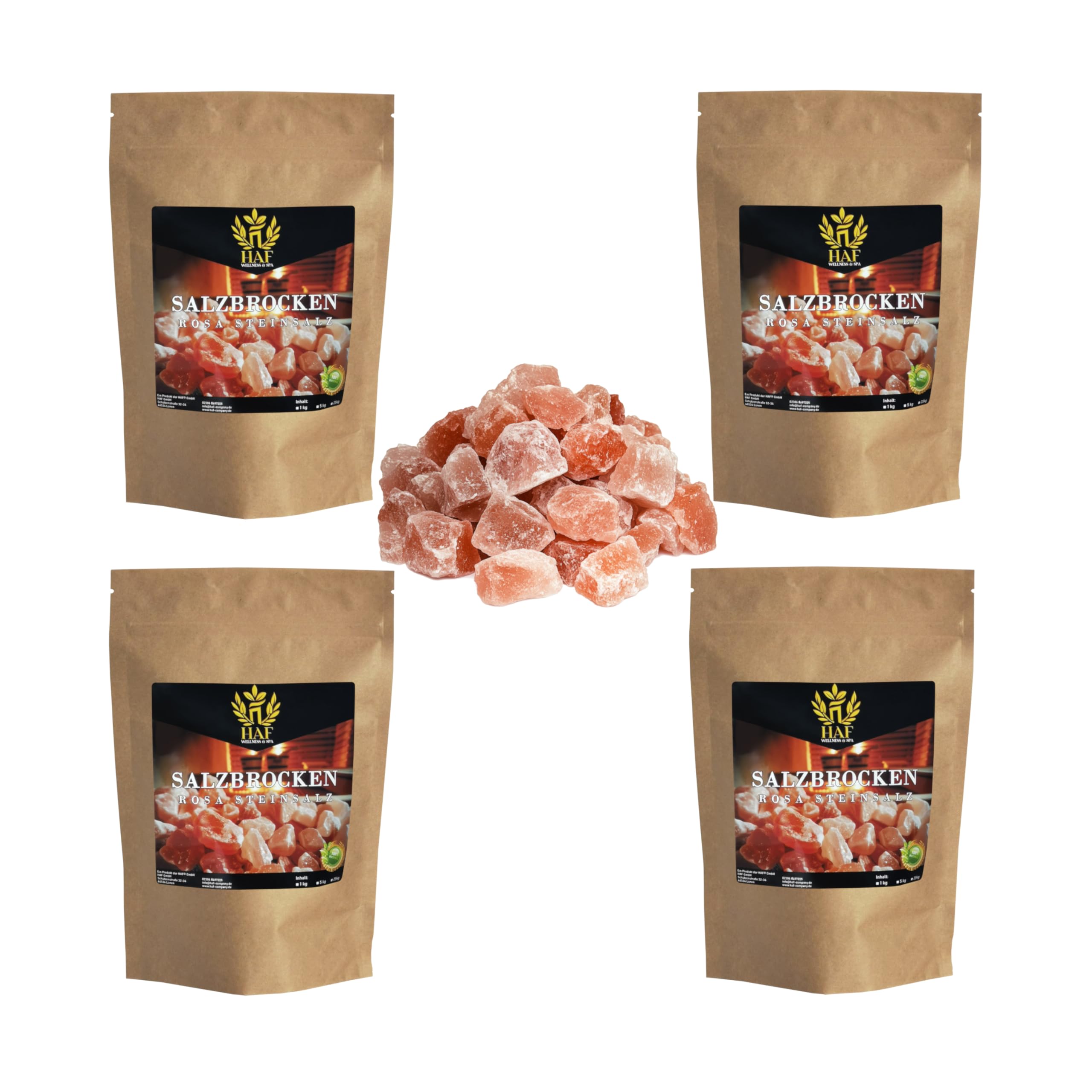 HAF Morceaux de sel rose 4 kg | Gros sel gemme sans additifs et naturels de la gamme Salt au Pakistan | Pierres de sel | Morceaux de saumure | Dimensions : 2-5 cm | Quantité : 4 x 1 kg en sachet