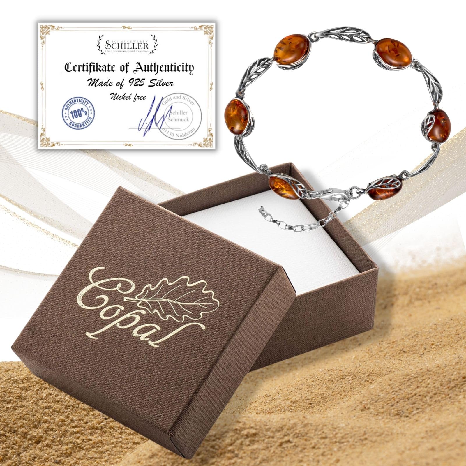 Copal Damen Armband Mit Echtem Bernstein Und 925 Sterlingsilber Verstellbare Länge