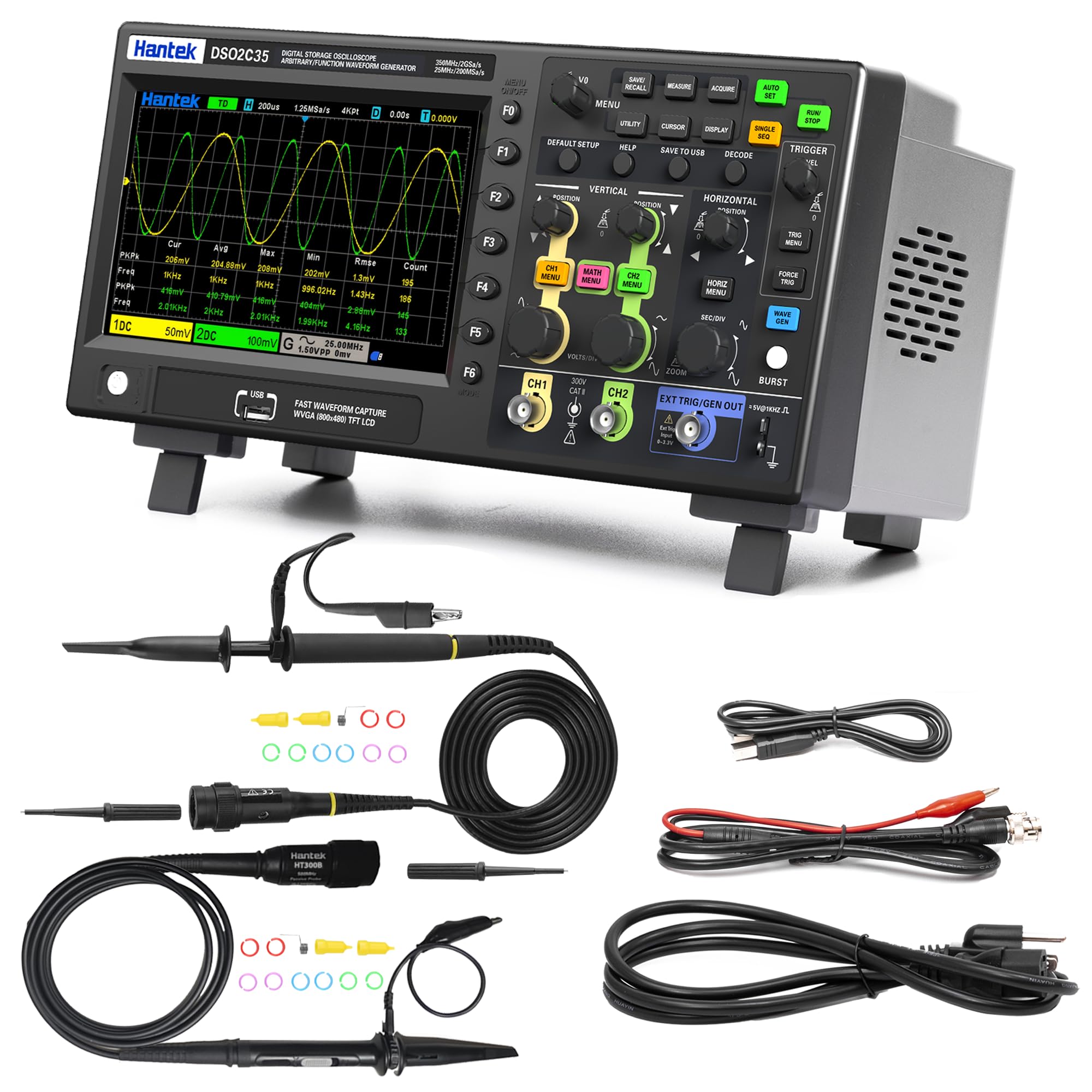 Hantek Oscilloscopio digitale DSO2C35, larghezza di banda 350 MHz con doppio canale, frequenza di campionamento 2GSa/s, supporto 32 misurazioni automatiche (350 MHz/2CH/Hantek DSO2C35)