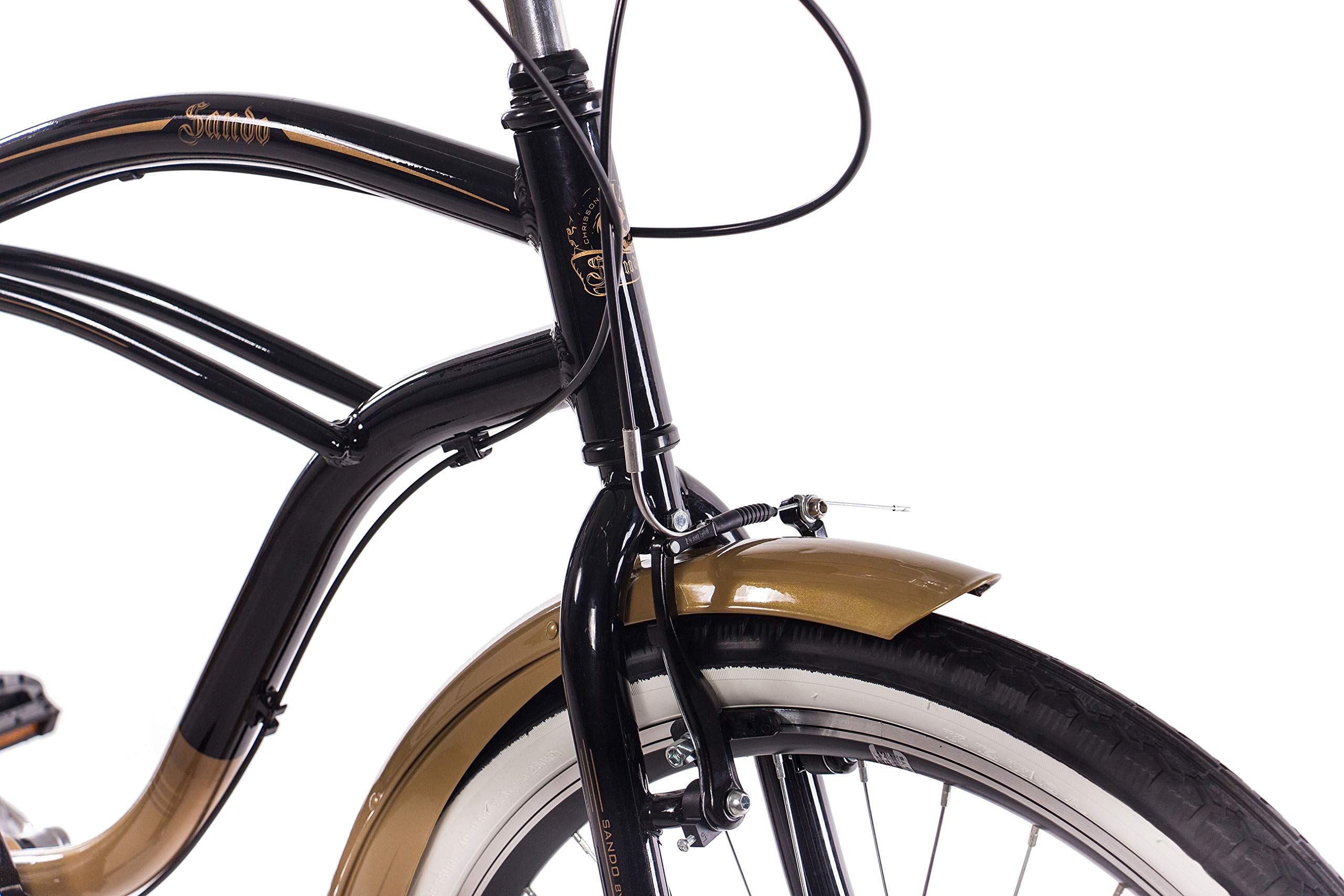 CHRISSON 26 Zoll Beachcruiser Sando schwarz Gold mit 6 Gang Shimano Tourney Kettenschaltung, Damenfahrrad, Herrenfahrrad im Retro Look, Vintage Cruiser Bike