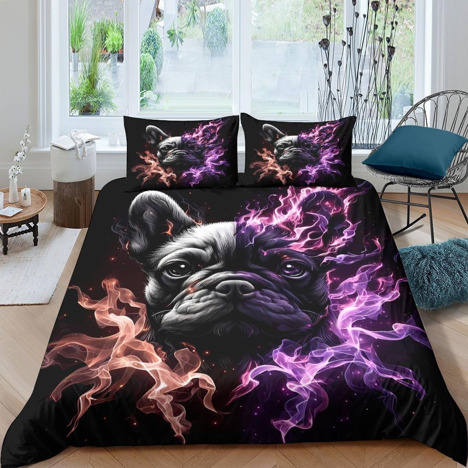 Ctjqhvkz Style-5 3D Printed French Bulldog Fitted Sheet Microfiber Soft Black Purple Fire Mattress Cover Bedroom Decor Single（135X200cm）