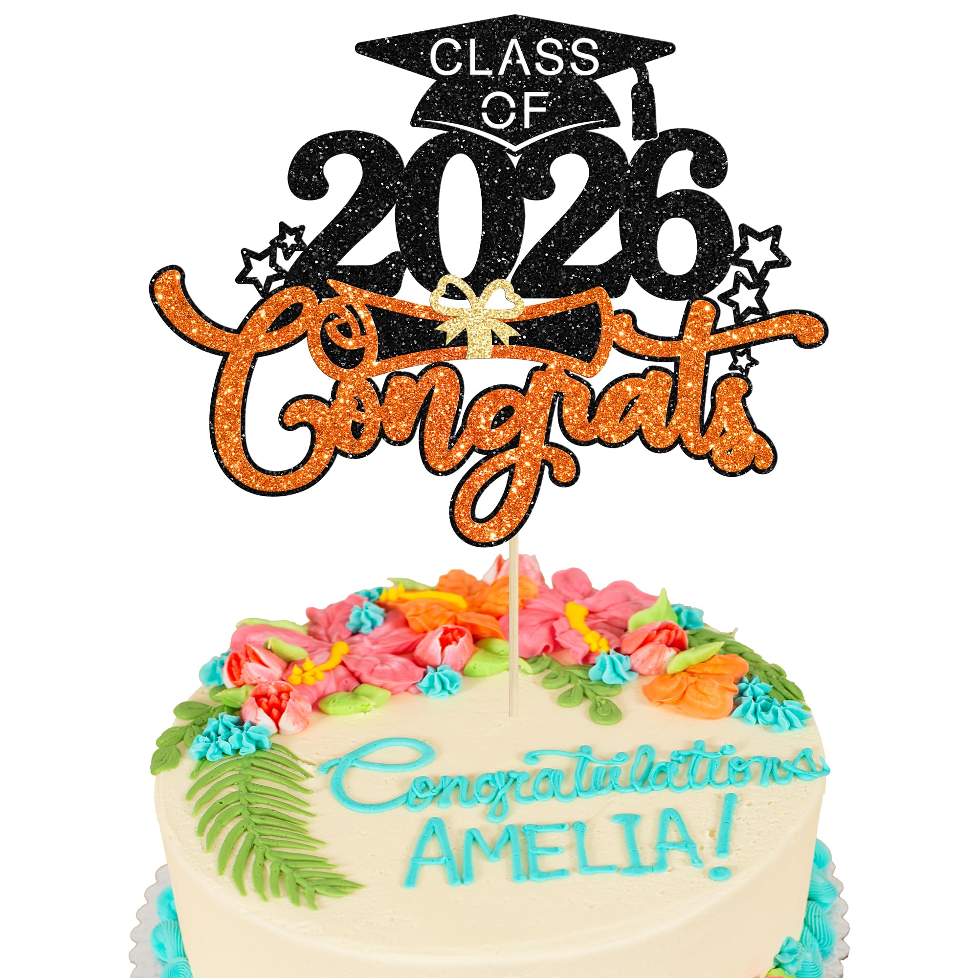 1Pc Class of 2026 Cake Topper Glitter Congrats Grad Cap 2026 Graduation Cake Pick for 2026 Graduation Theme High School Boys Girls Graduate Party Cake