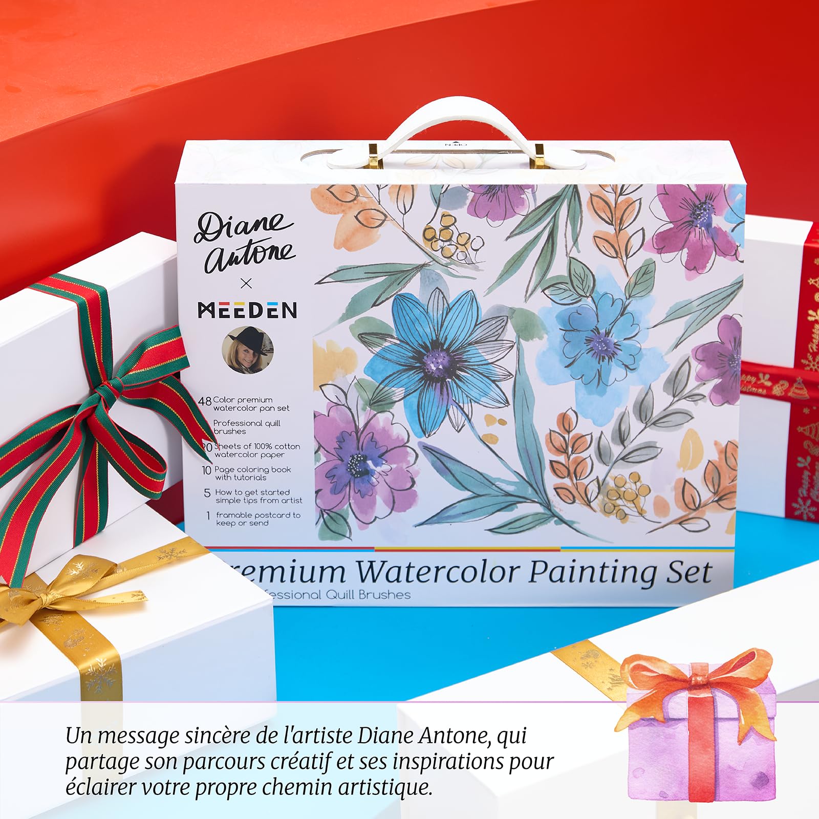 MEEDEN Diane Antone Ensemble de peinture aquarelle portable 48 couleurs avec 3 pinceaux aquarelle, pages de coloriage de doublure, papier aquarelle et cartes postales – Fournitures d'art pour adultes