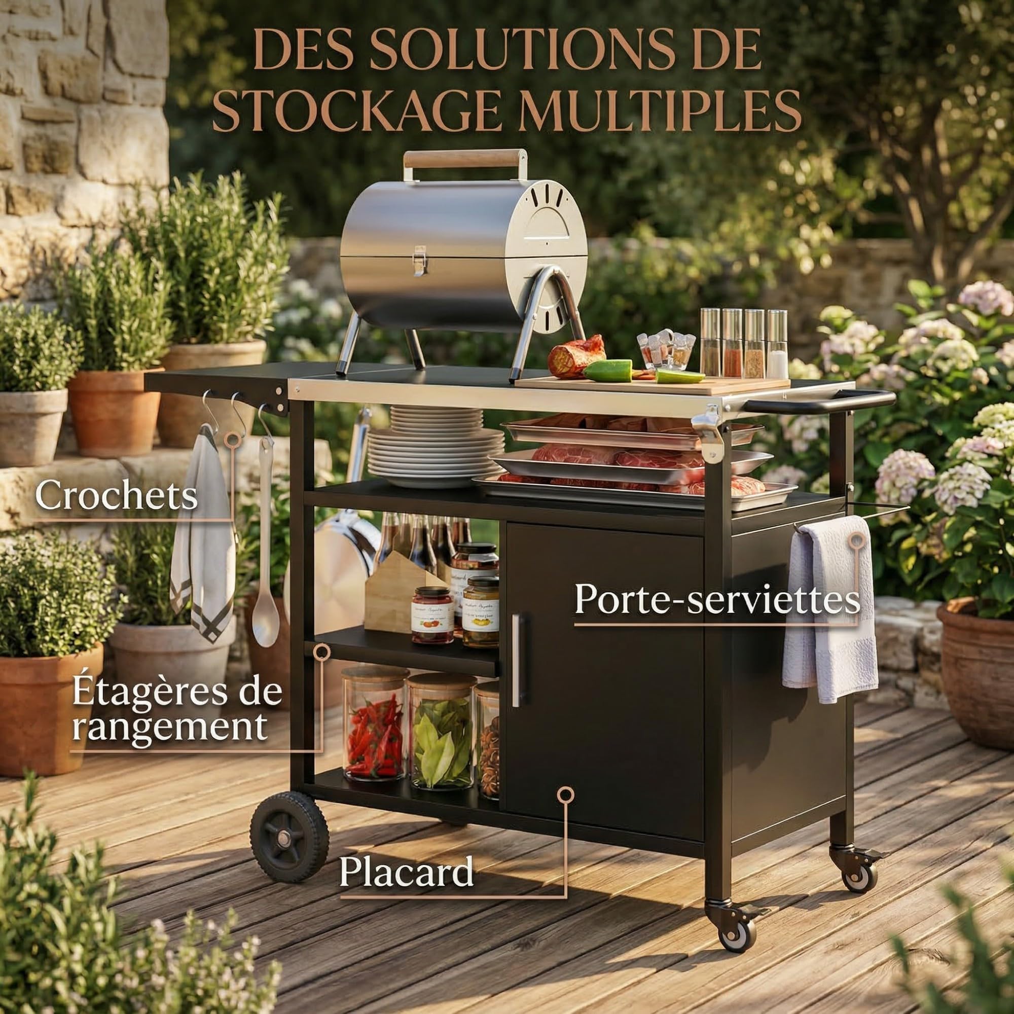 Outsunny Carrello per barbecue con vassoio in acciaio inox, ripiano pieghevole, ganci e custodia in dotazione, carrello esterno con ruote, 127 x 51 x 84 cm, colore: nero