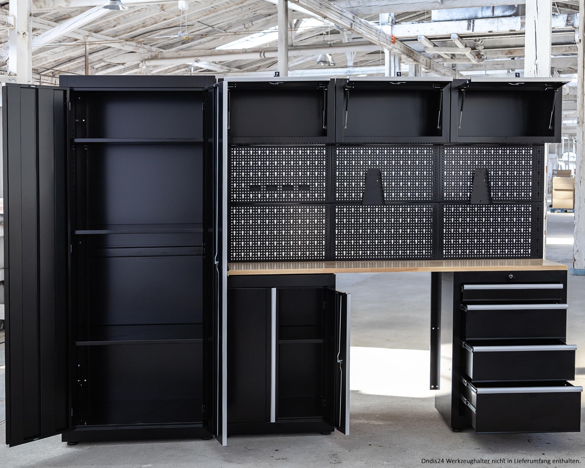 Ondis24 XL Werkstatt Komplett Set 260cm vormontierte Männerküche Werkstattrichtung modular mit Holzarbeitsplatte, Werkzeugschränke, Werkbank mit Schubladen (9 TLG.)