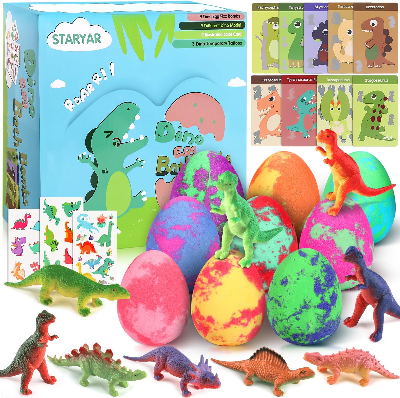 Bath Bombs for Kids with Surprise Toys Inside - 9 Pack Dinosaur Bath Bombs Gift Set, Dinosaur Toys for Kids 3 4 5 6 7 8 9 Years, Birthday Gifts for Kids, Bubble Bath Fizzes Bath Toy