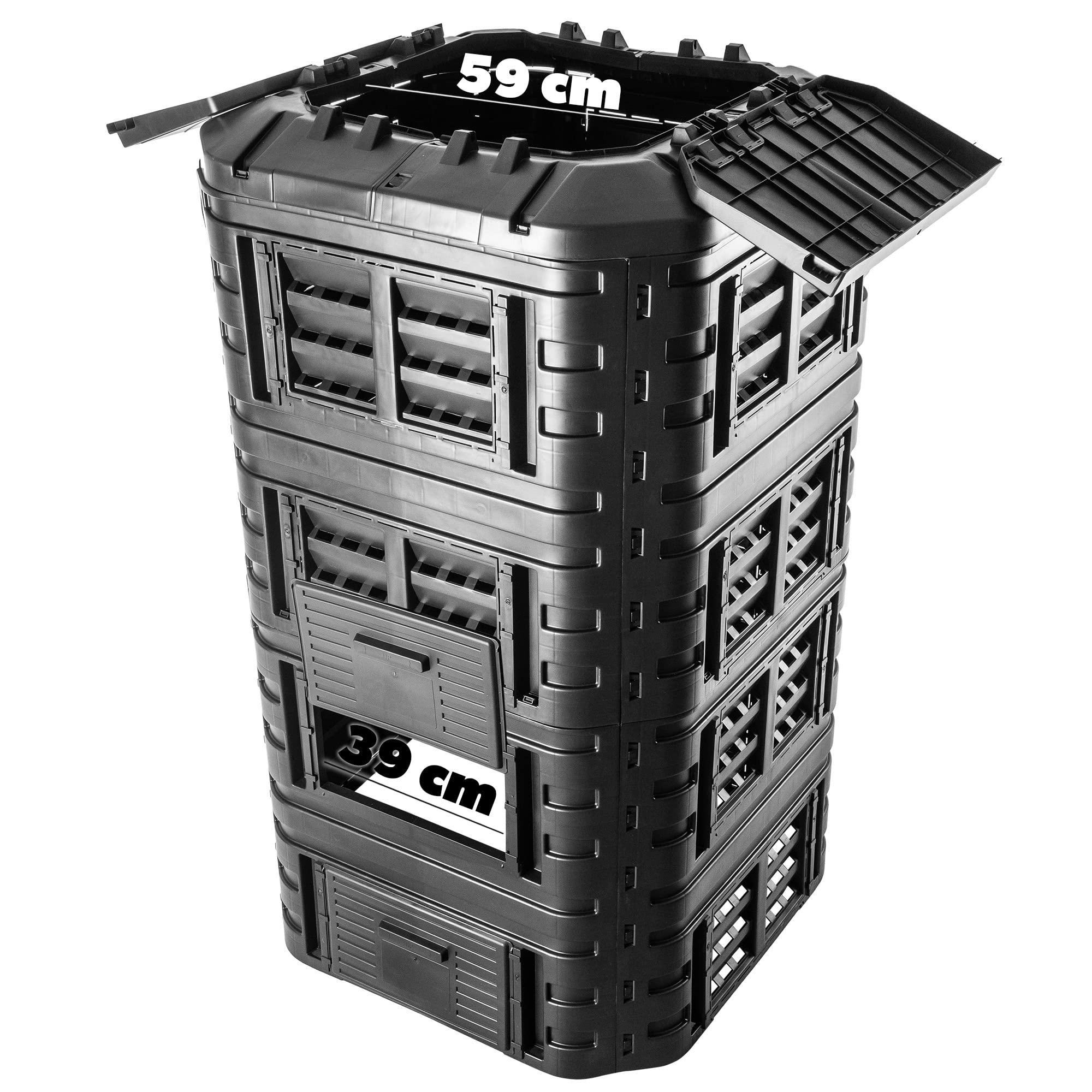 KADAX Compostador de plástico rápido, compostador con botones a presión, compostador térmico negro con tapa plegable (1260 L)