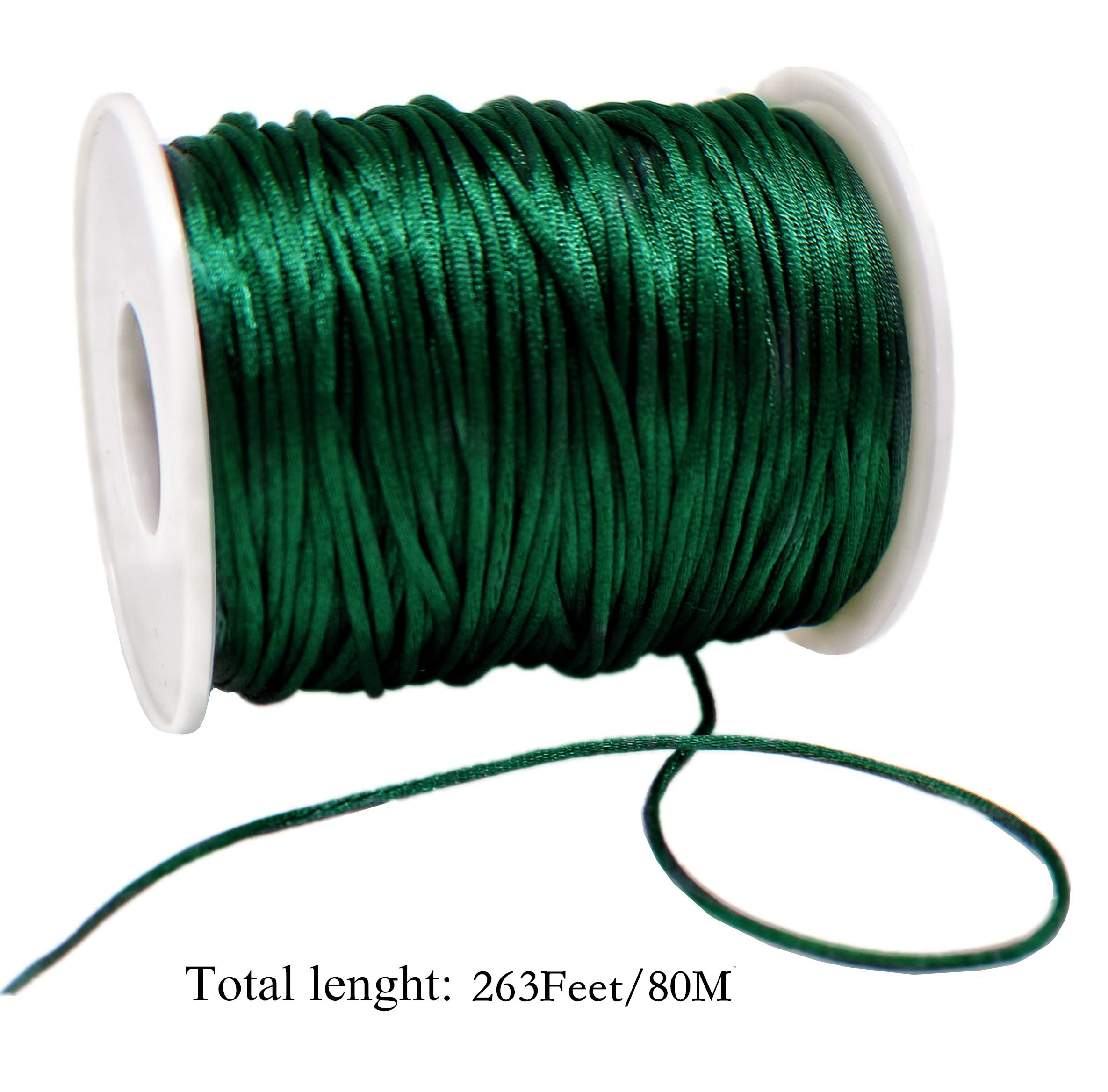 Fbshicung Satin Nylon Trim Cord, 263Feet 1.5mm Rattail Beading String Cord for Arts and Crafts, Macrame Bracelets, Necklaces,DIY, Jewelry Making(Green)