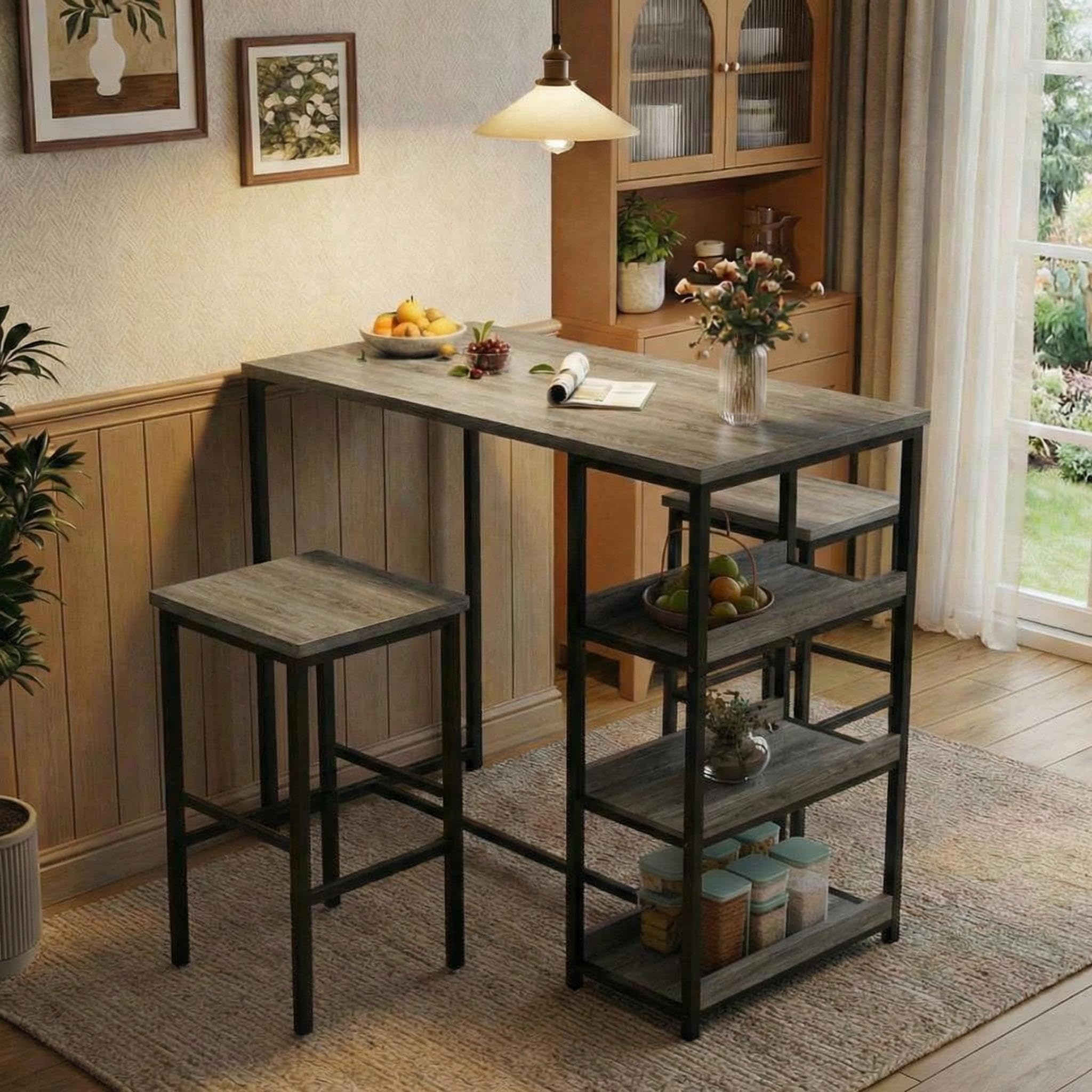 Litake 3-Piece Bar Table Set for 2, Bar Height Table with Stools & 2 Storage Shelves, Small Dining Table Set with Glass Rack, Small Kitchen Table for Dining Room, Living Room, Grey