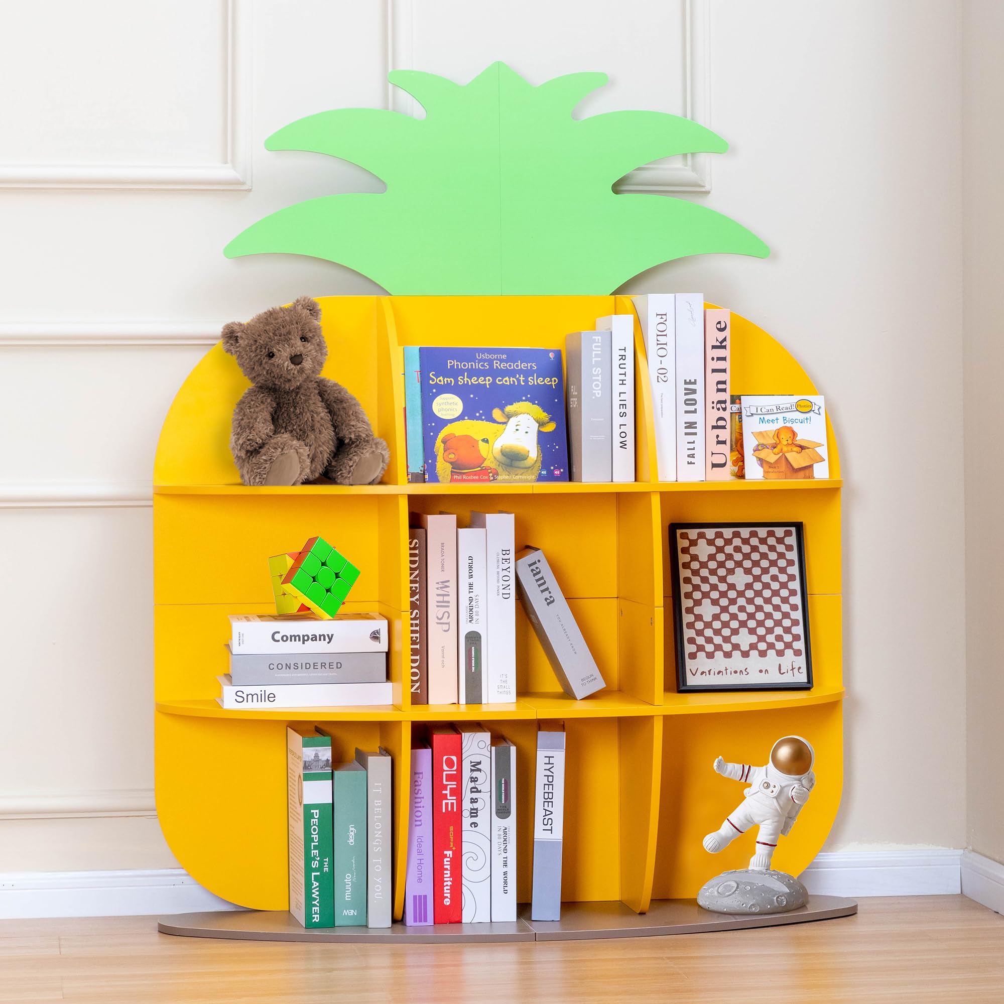 9-Cube Book Shelf and Toy Storage Organizer, Pineapple Shaped Kids Bookcases for Nursery, Playroom, Bedroom, or Classroom