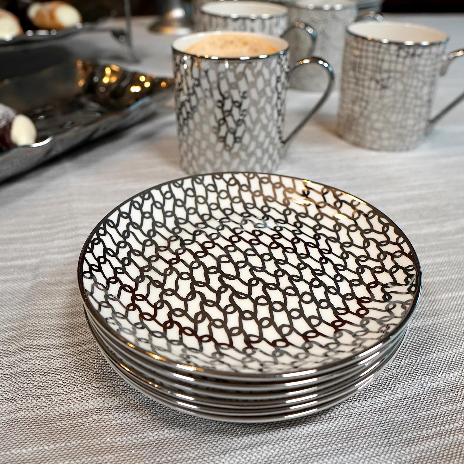 Certified International Mosaic Silver Plated 6" Luncheion/Canape Plates Set of 6 Assorted Designs