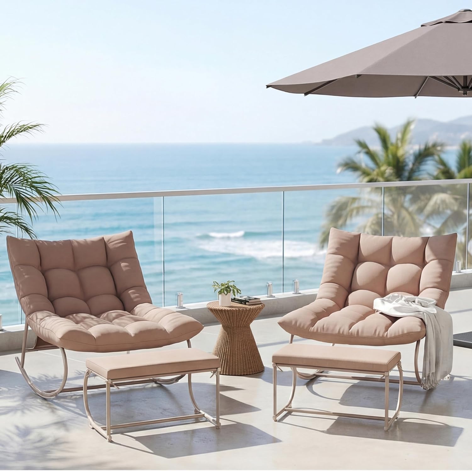 Outdoor Rocking Chair Set of 2 with Ottoman, Oversized Papasan Egg Chair with Thick Cushion, Double Papasan Chairs, Patio Lounge Chairs for Backyard, Porch, Garden, Khaki