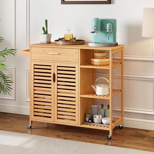 Vista 2 de Bamboo Kitchen Island Cart, Rolling Butcher Block with Large Drawer, 2-Door Cabinet, 3-Tier Open Shelves, Towel Rack, Kitchen Carts on Wheels with