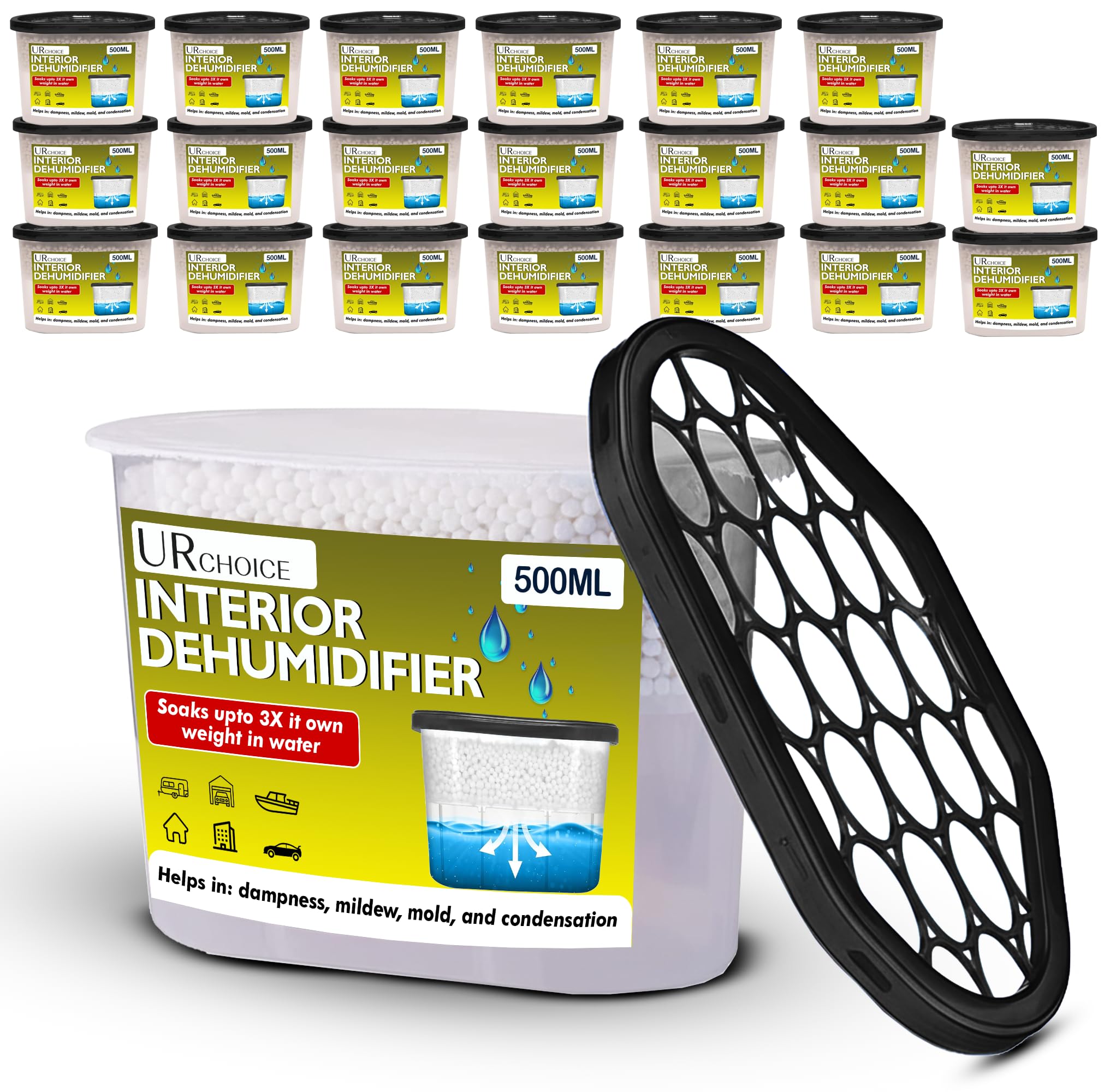 UR CHOICE Interior Dehumidifier 500ml Pack of 20, Moisture Absorber & Condensation Remover for Damp, Mould, Musty Smell, Disposable Dehumidifiers for Home, Bedroom, Kitchen, Wardrobe, Bathroom