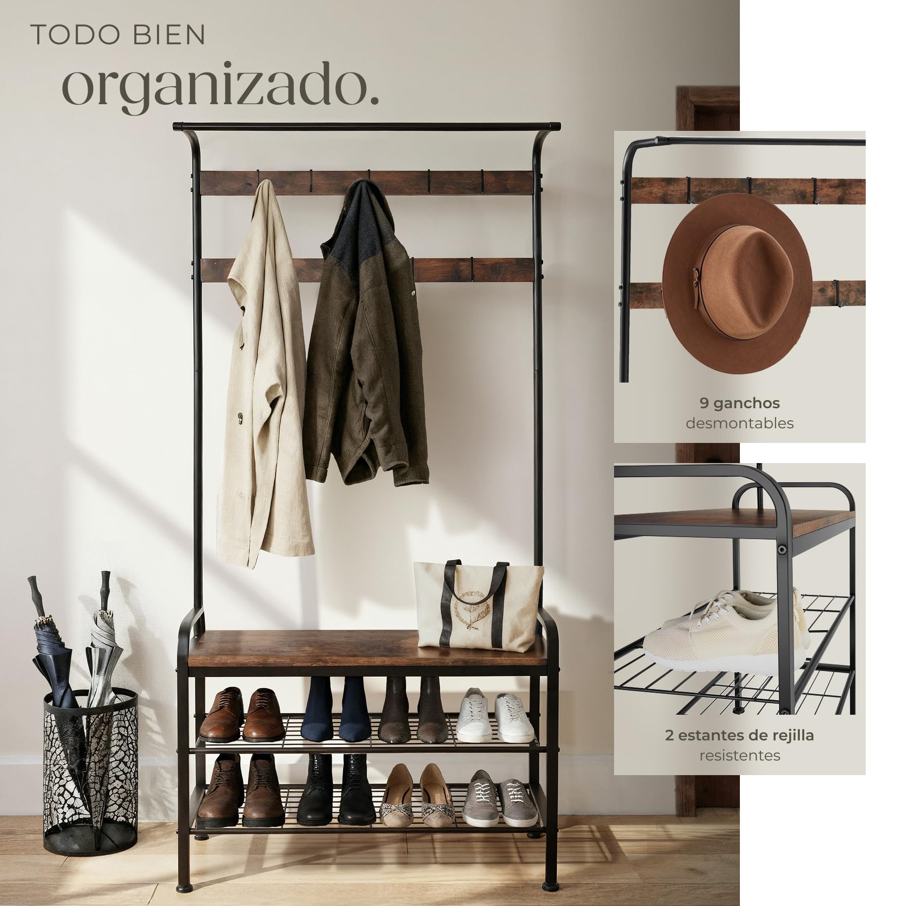 tectake® Perchero Entrada Recibidor, Banco de Madera, Colgador de Ropa, Barra Perchero, Zapatero con Perchero, Dos Estantes, Mueble Zapatero - 85,5 x 36 x 184 cm Madera Industrial Oscura, Rústica