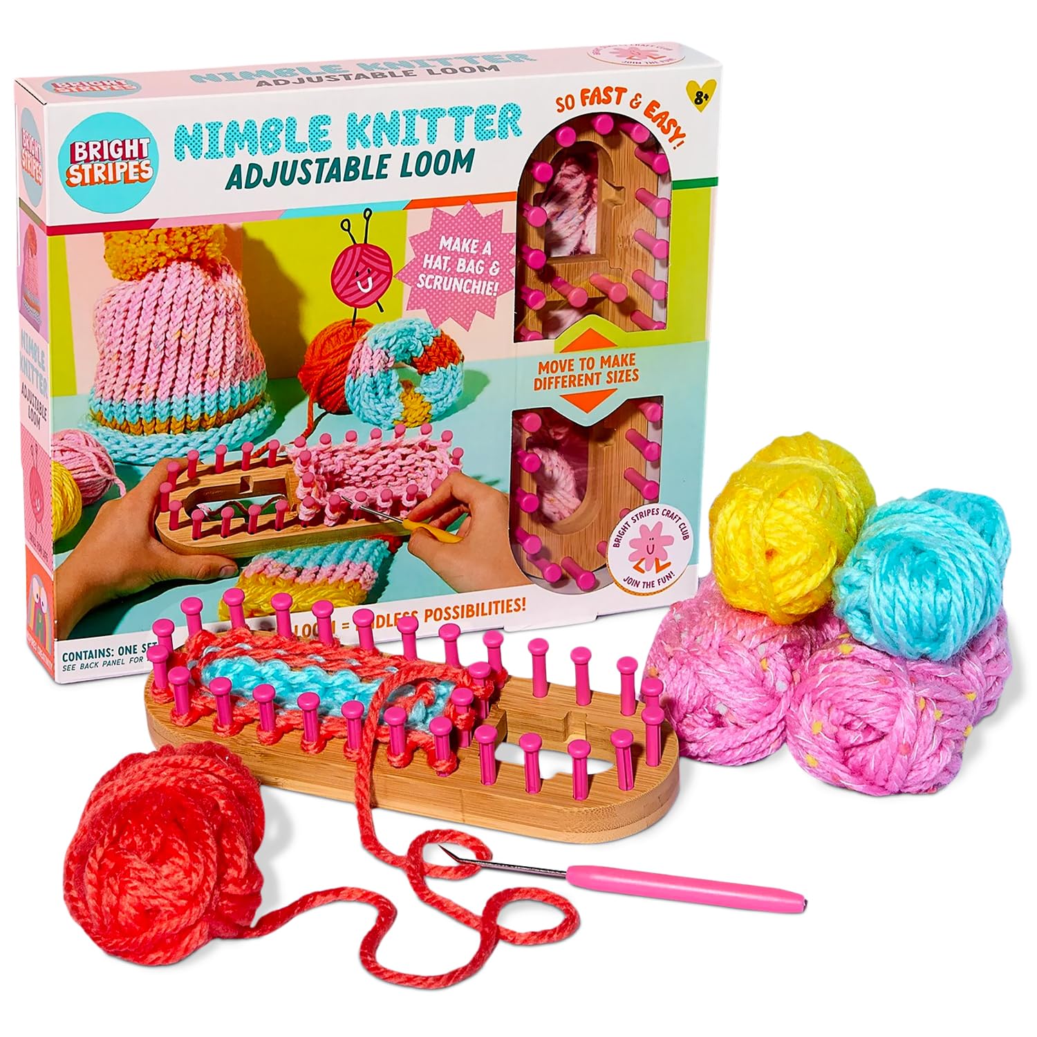 Bright Stripes Nimble Knitter Adjustable Loom – Perfect for Kids & Adults – Beginner-Friendly Kit to Knit Hats, Scarves & More – Ideal DIY Gift for Creative Crafting & Hands-On Fun