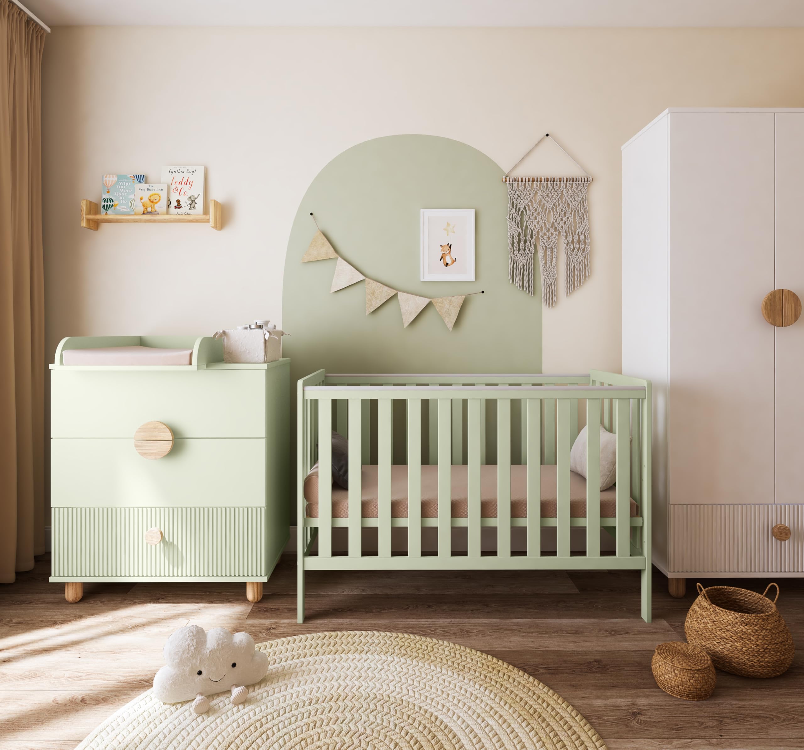 zee Cuna Bebé LUMI 120x60 cm 2 en 1 Convertible en Cama Infantil Verde Menta Madera de Pino Barrotes Seguridad Altura Regulable EN 716