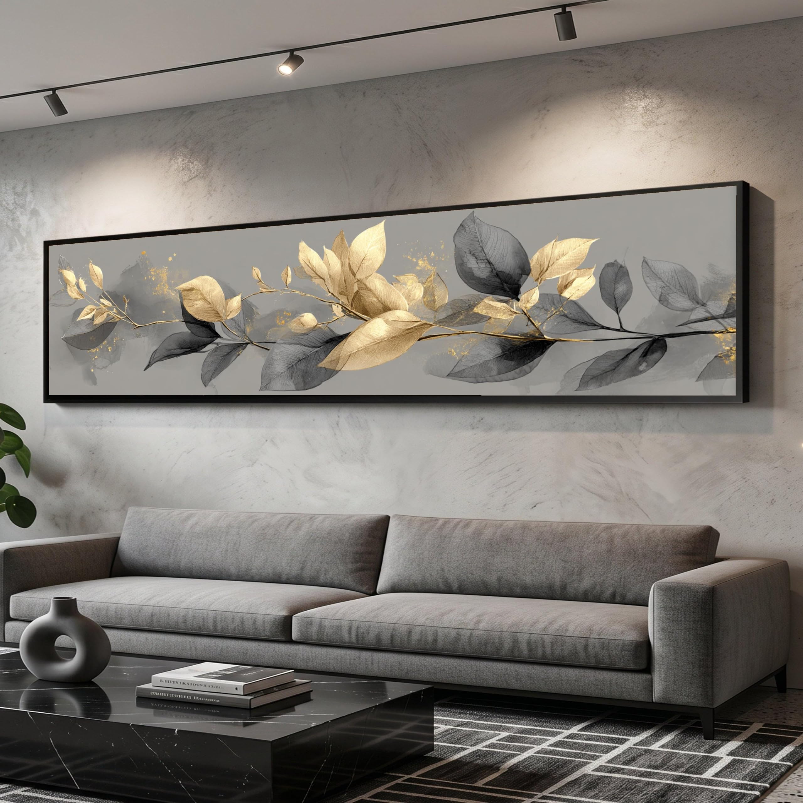 LMYCHENG Long Narrow Gold and Black Leaves Canvas Prints, Botanical Wall Art, Luxury Floral Canvas Painting, Nature Home Mural(45x135cm/Frameless)