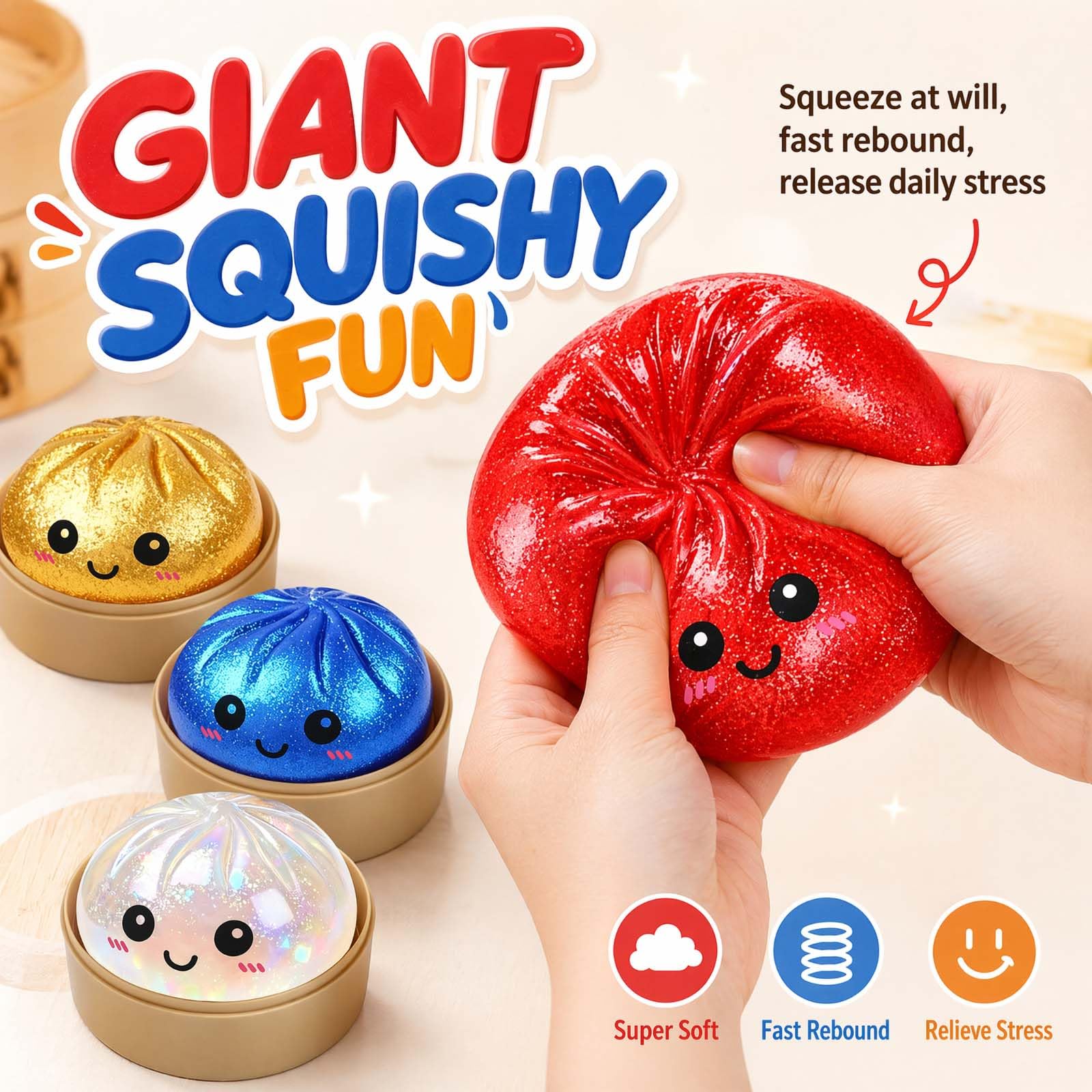 4 Stück Dumpling Squishy Mystery, Glitter Dumpling Squishy Mystery | Glitter Dumpling Squishy Mystery für Anti Stress Spielzeug, Dumplings Squishys XXL Mit Freunden