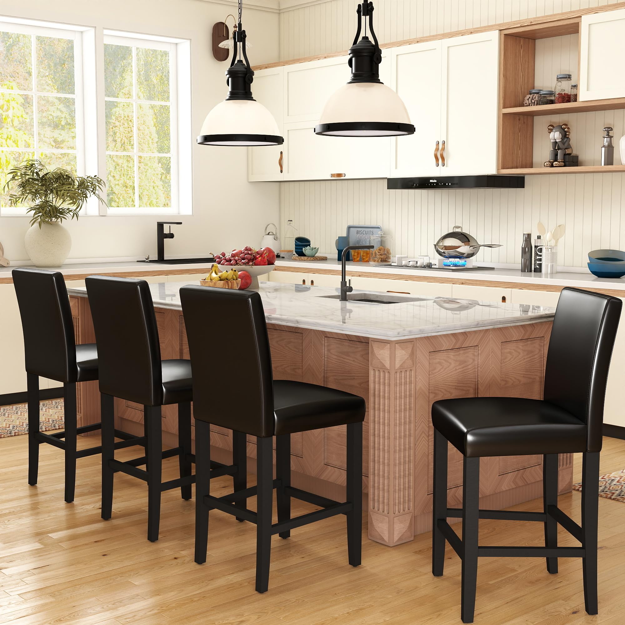 GOTMINSI Set of 4 Classic 24 Inches Counter Height Stools Upholstered Bar Stools with Solid Wood Legs and Black Leather Counter Stool (PU Black)