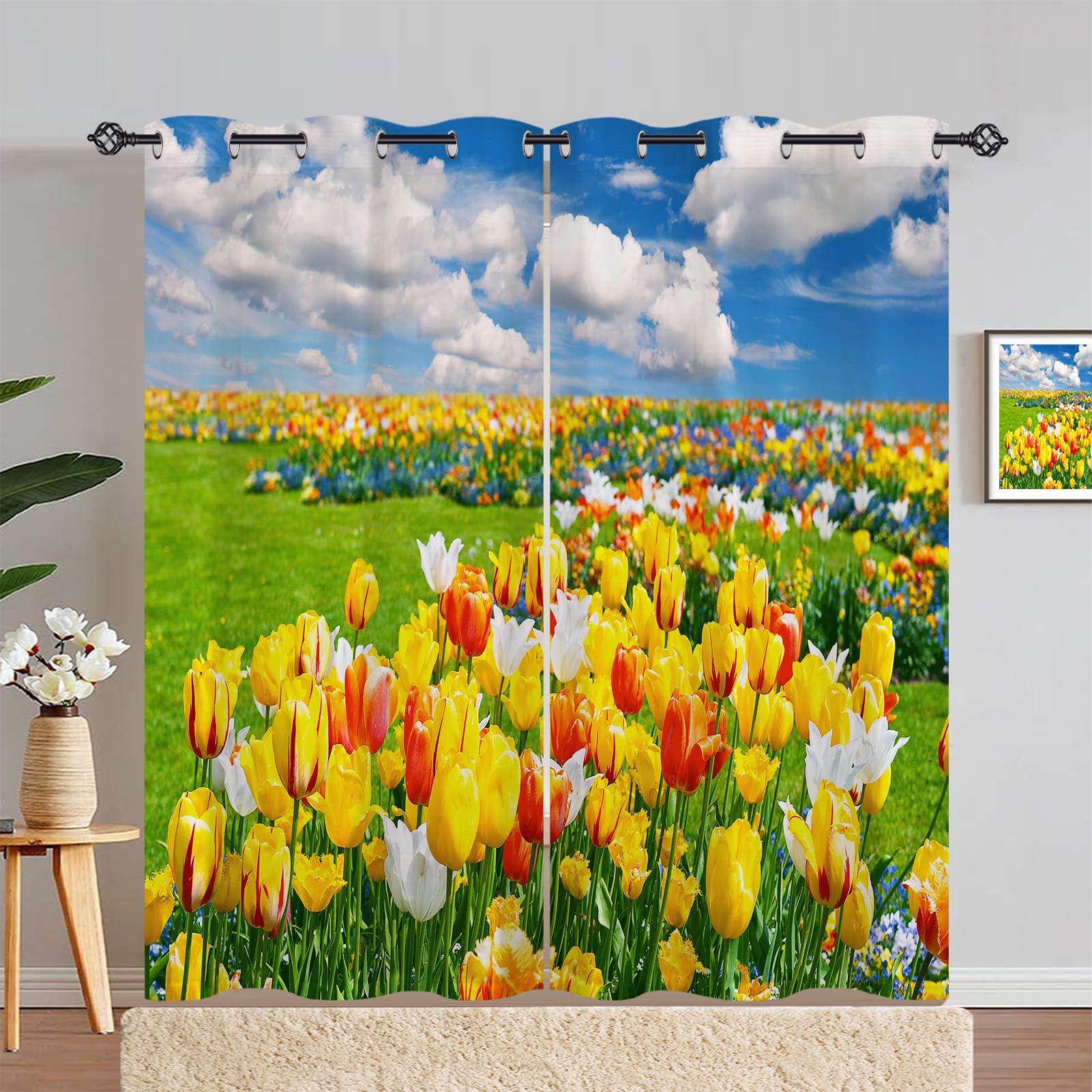ANHOPE Tulip Curtains Eyelet Thermal Insulated Blackout Curtains Nature Scenery Tulip Flower Print Pattern Ring Top Drapes for Kids Girls Bedroom Living Room 55 x 84 Inch Drop 2 Panels โ image 1
