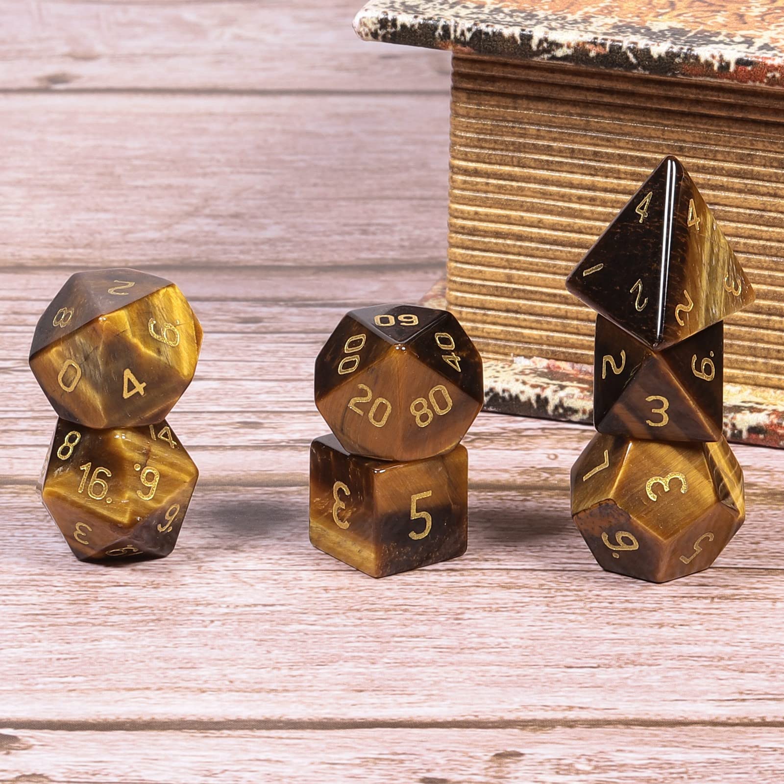7-Piece Tiger's Eye Crystal Dice Set For D&D RPG Tabletop Games - Healing Stone Polyhedral Dice With Storage Box